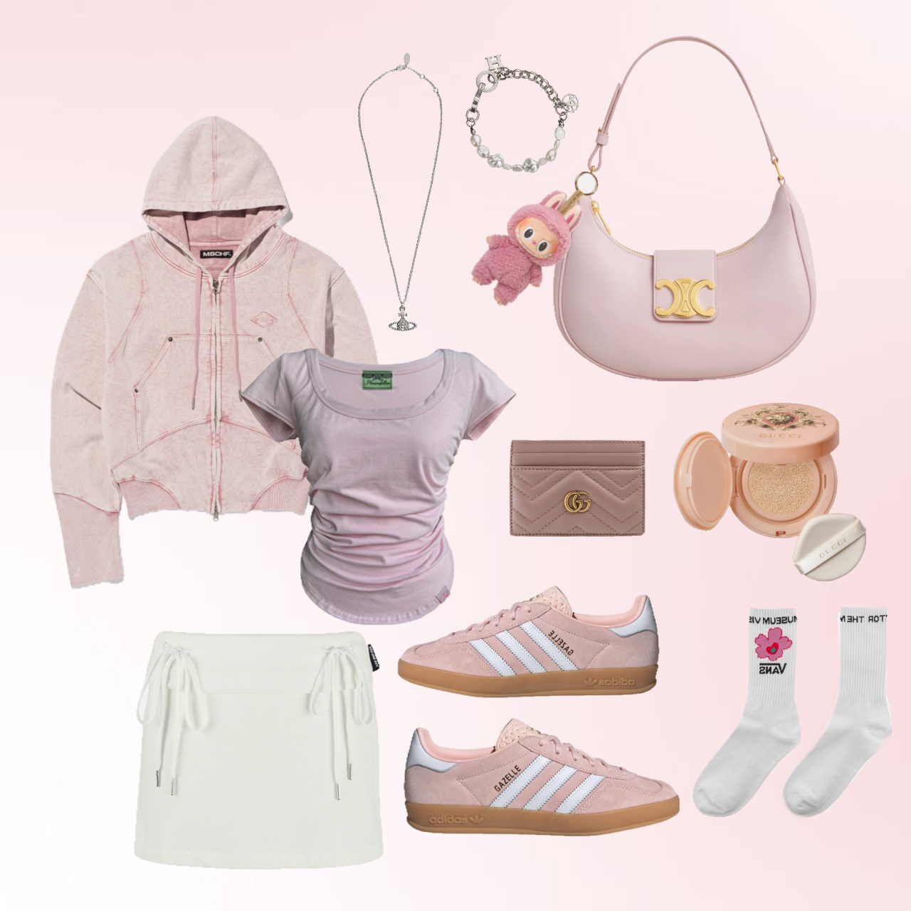 Celine Medium Ava Triomphe Bag in Smooth Calfskin Pastel Pink, Vivienne Westwood Mayfair Bas Relief Pendant Silver 착용 스타일