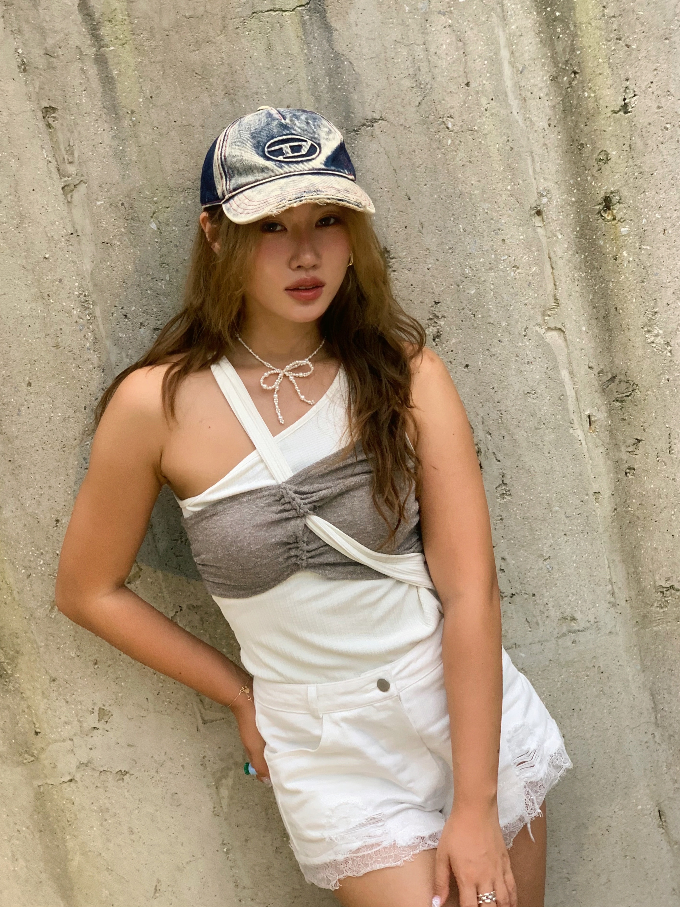 Diesel C-Seymon Treated Denim Baseball Cap Blue White 착용 스타일 - 5