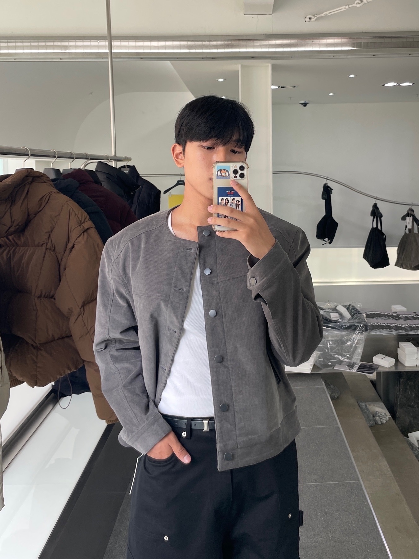 Haleine Cropped Collarless Jacket Black (VJ314), Haleine Cropped Collarless Jacket Grey (VJ315) 착용 스타일