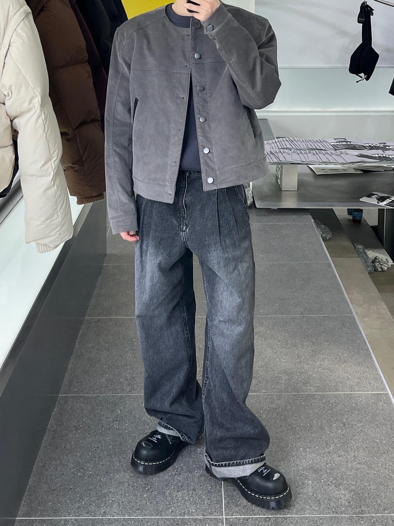 Haleine Cropped Collarless Jacket Black (VJ314), Haleine Cropped Collarless Jacket Grey (VJ315) 착용 스타일