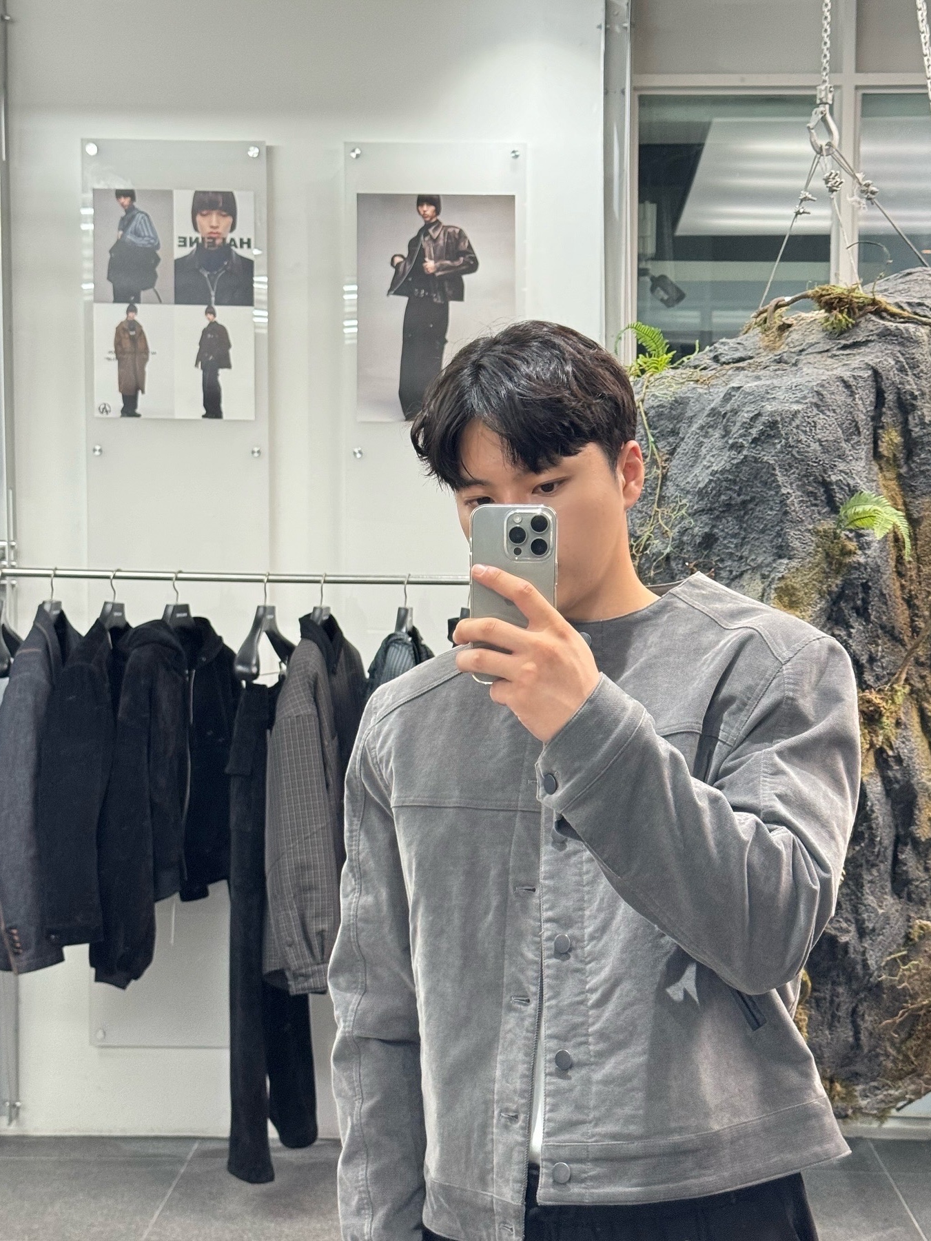 Haleine Cropped Collarless Jacket Black (VJ314), Haleine Cropped Collarless Jacket Grey (VJ315) 착용 스타일