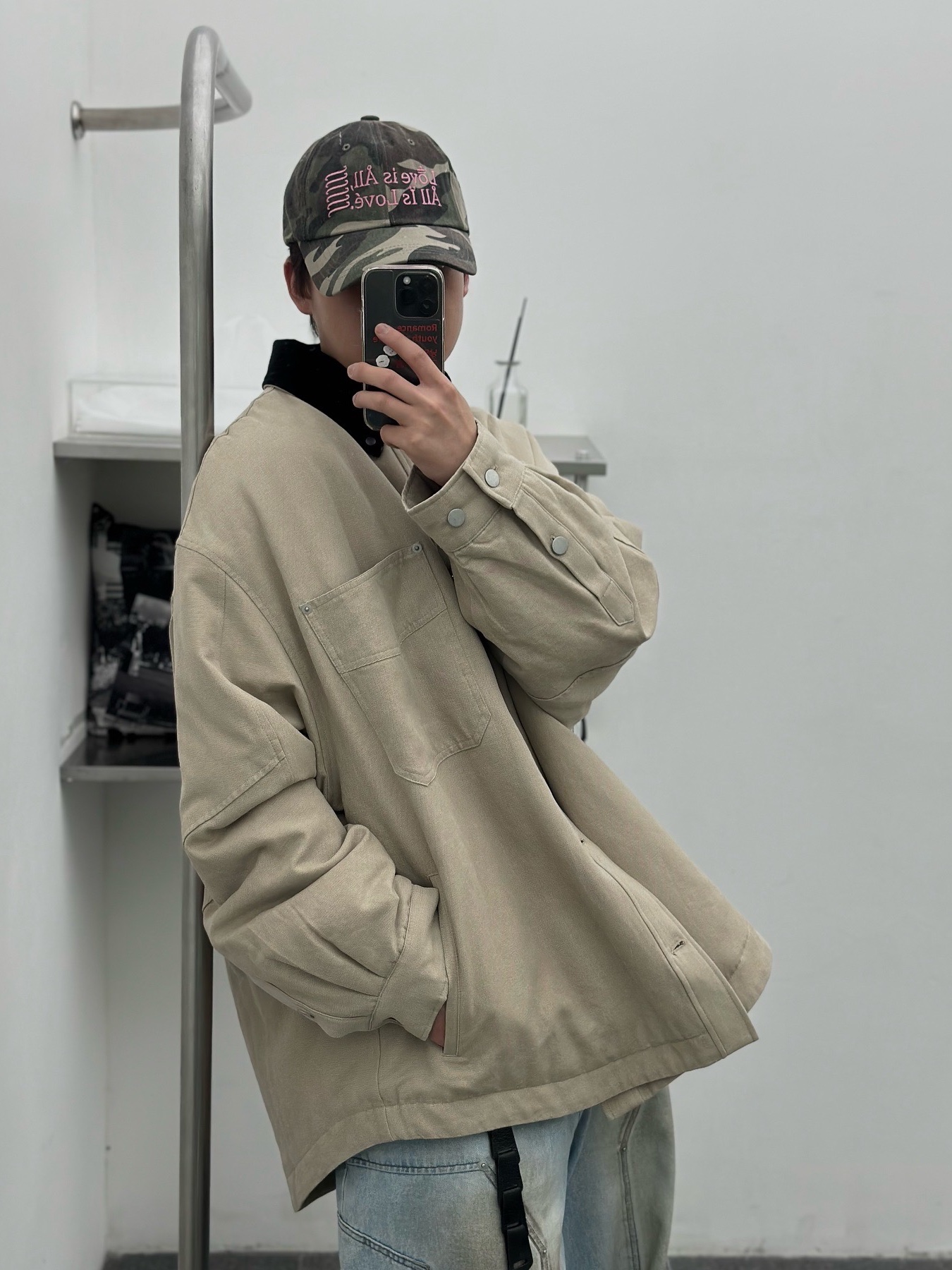 Haleine Padded Work Shirt Jacket Black (VJ316), Haleine Padded Work Shirt Jacket Beige (VJ317) 착용 스타일