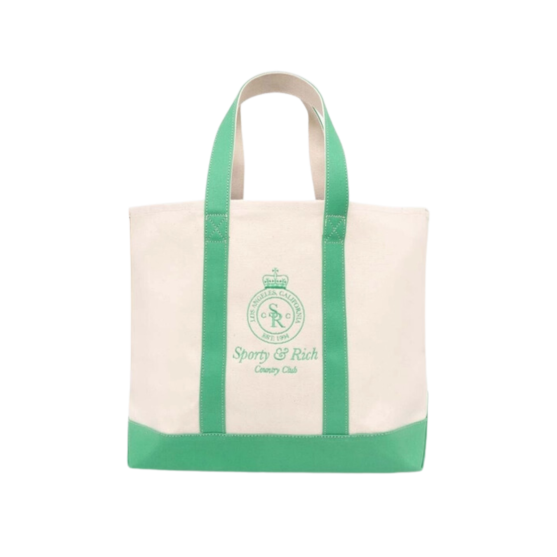 Sporty & Rich Crown Logo Embroidered Cotton Two Tone Tote Natural Verde 상세 이미지 1