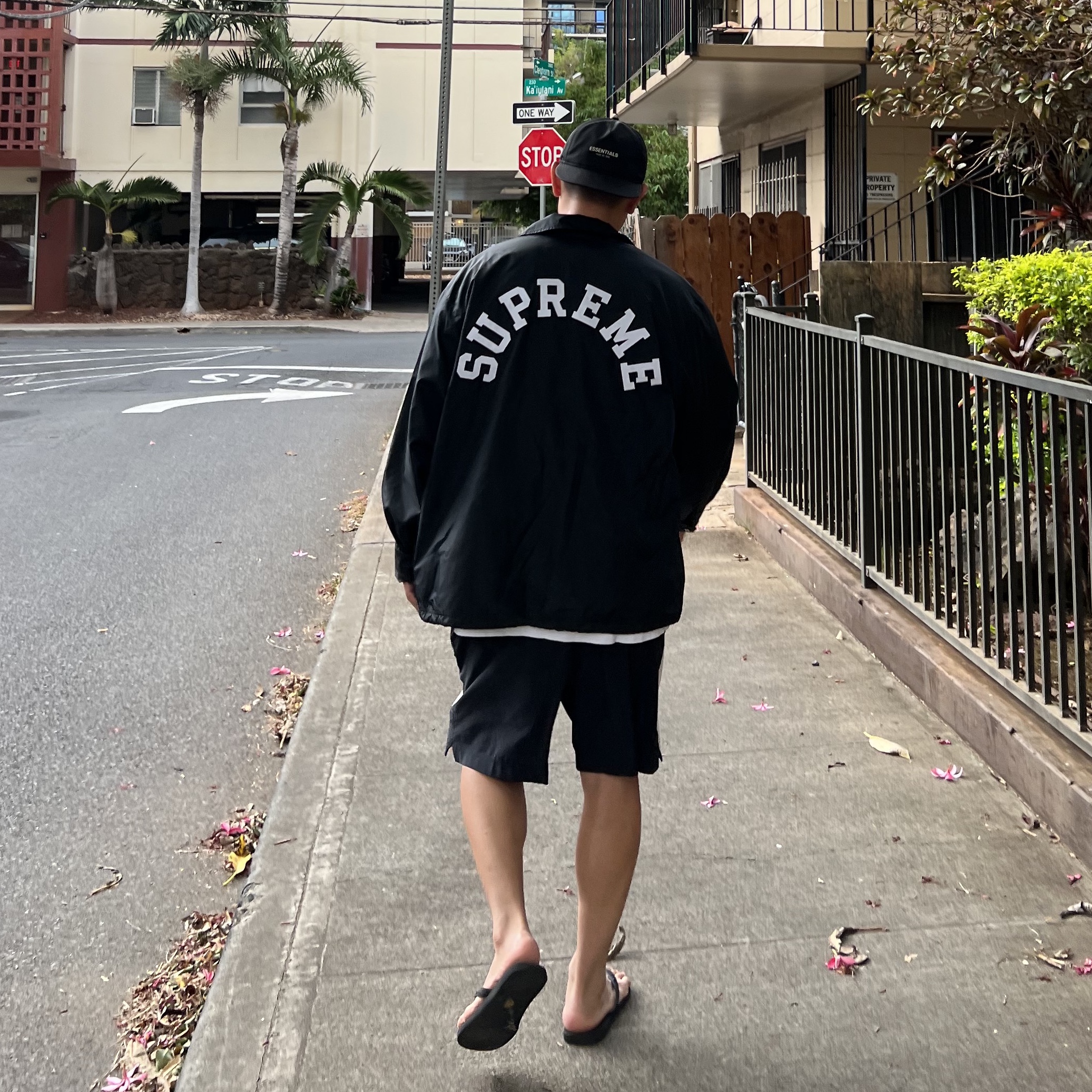 Supreme x Champion Coaches Jacket Black - 24SS, Essentials x New Era Retro Crown Strapback Black 착용 스타일
