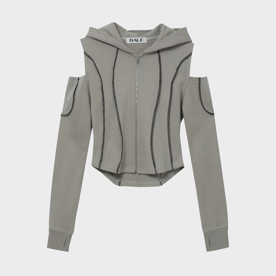 BFT-23FW-W-GRN-045 BAUF Off Shoulder Line Cut Out Crop Hooded Zip Up Green