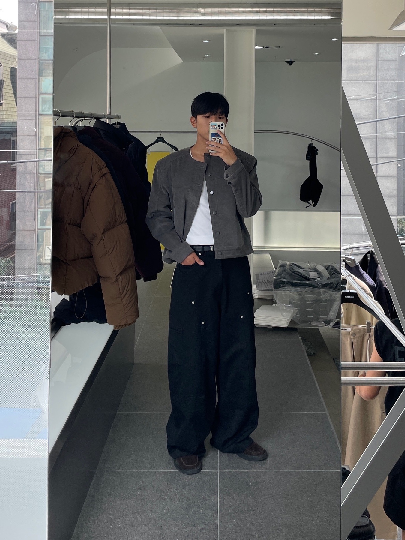 Haleine Cropped Collarless Jacket Black (VJ314), Haleine Cropped Collarless Jacket Grey (VJ315) 착용 스타일
