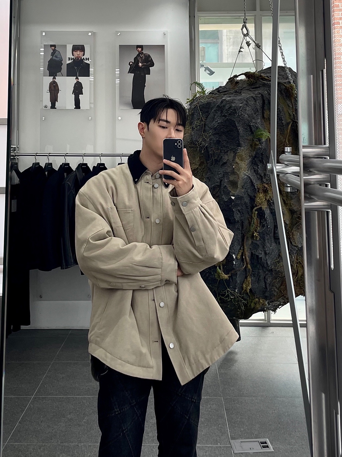 Haleine Padded Work Shirt Jacket Black (VJ316), Haleine Padded Work Shirt Jacket Beige (VJ317) 착용 스타일