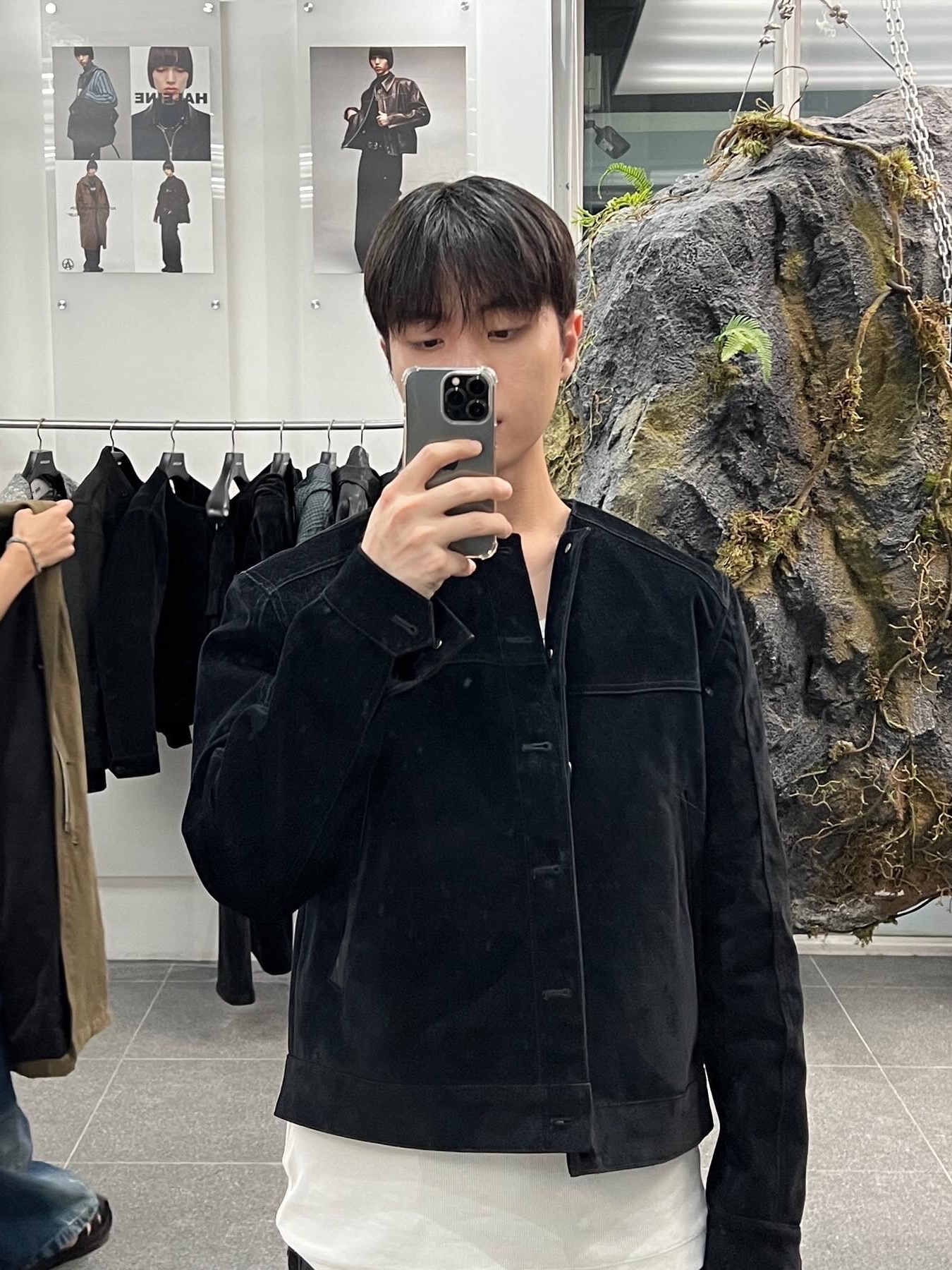 Haleine Cropped Collarless Jacket Black (VJ314), Haleine Cropped Collarless Jacket Grey (VJ315) 착용 스타일