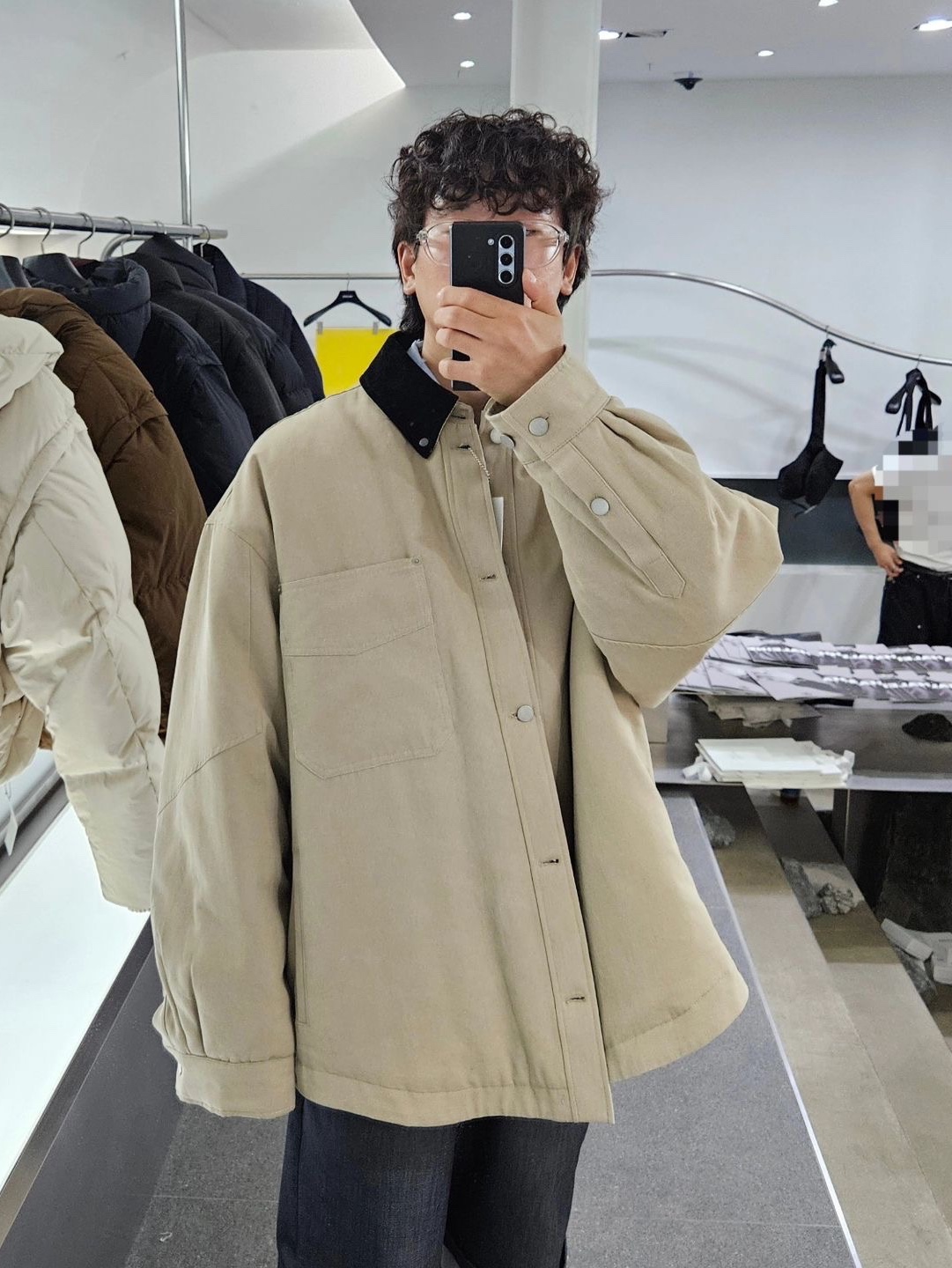 Haleine Padded Work Shirt Jacket Grey Check (VJ318), Haleine Padded Work Shirt Jacket Beige (VJ317) 착용 스타일