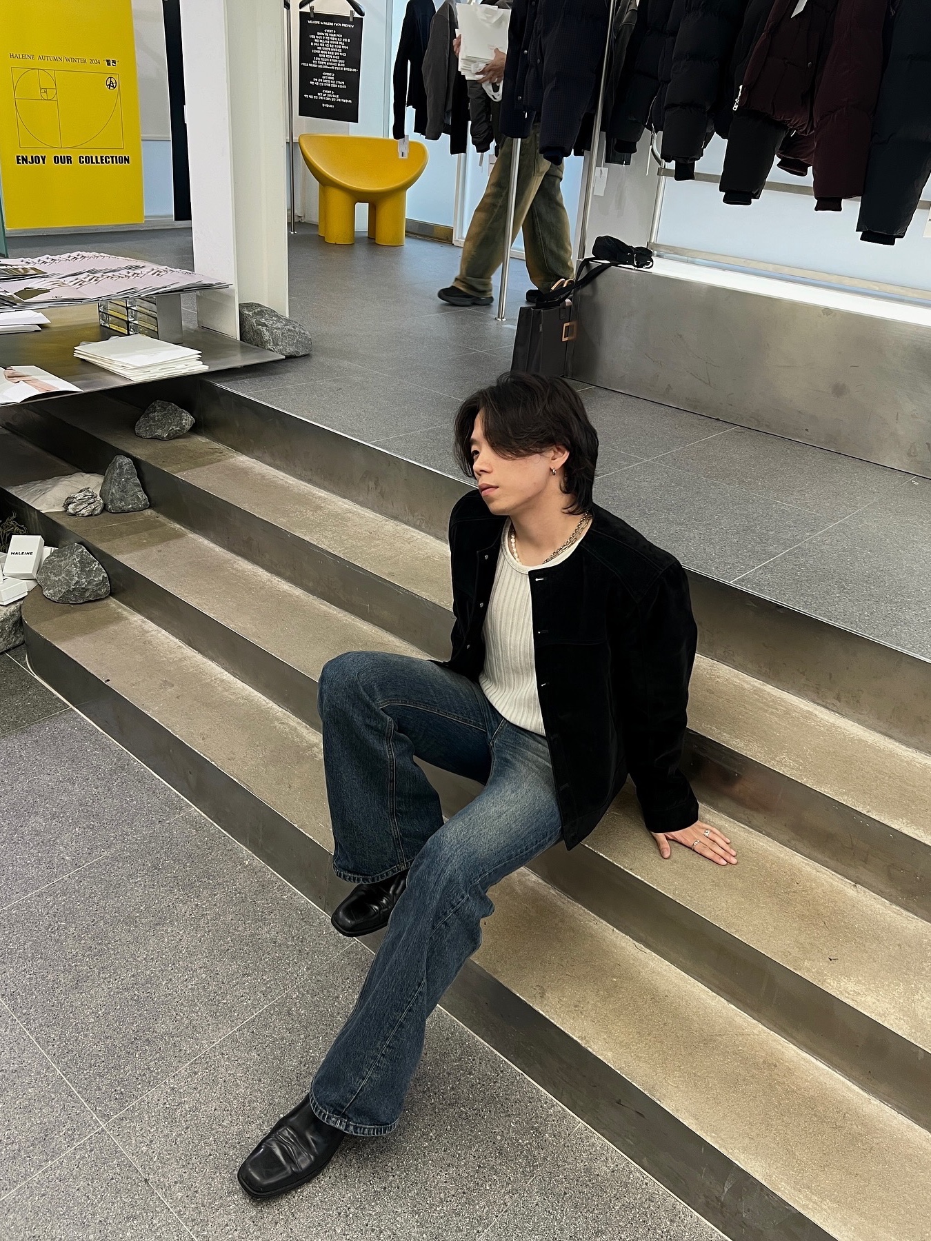 Haleine Cropped Collarless Jacket Black (VJ314), Haleine Cropped Collarless Jacket Grey (VJ315) 착용 스타일
