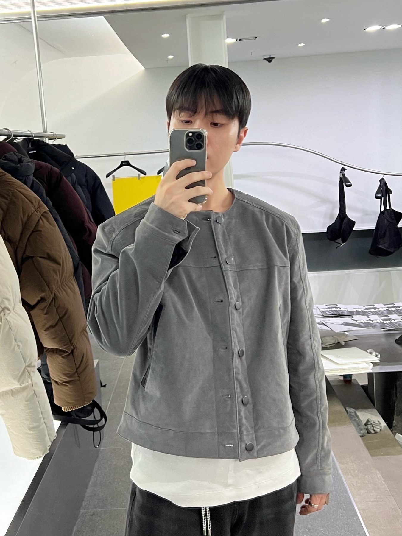 Haleine Cropped Collarless Jacket Black (VJ314), Haleine Cropped Collarless Jacket Grey (VJ315) 착용 스타일