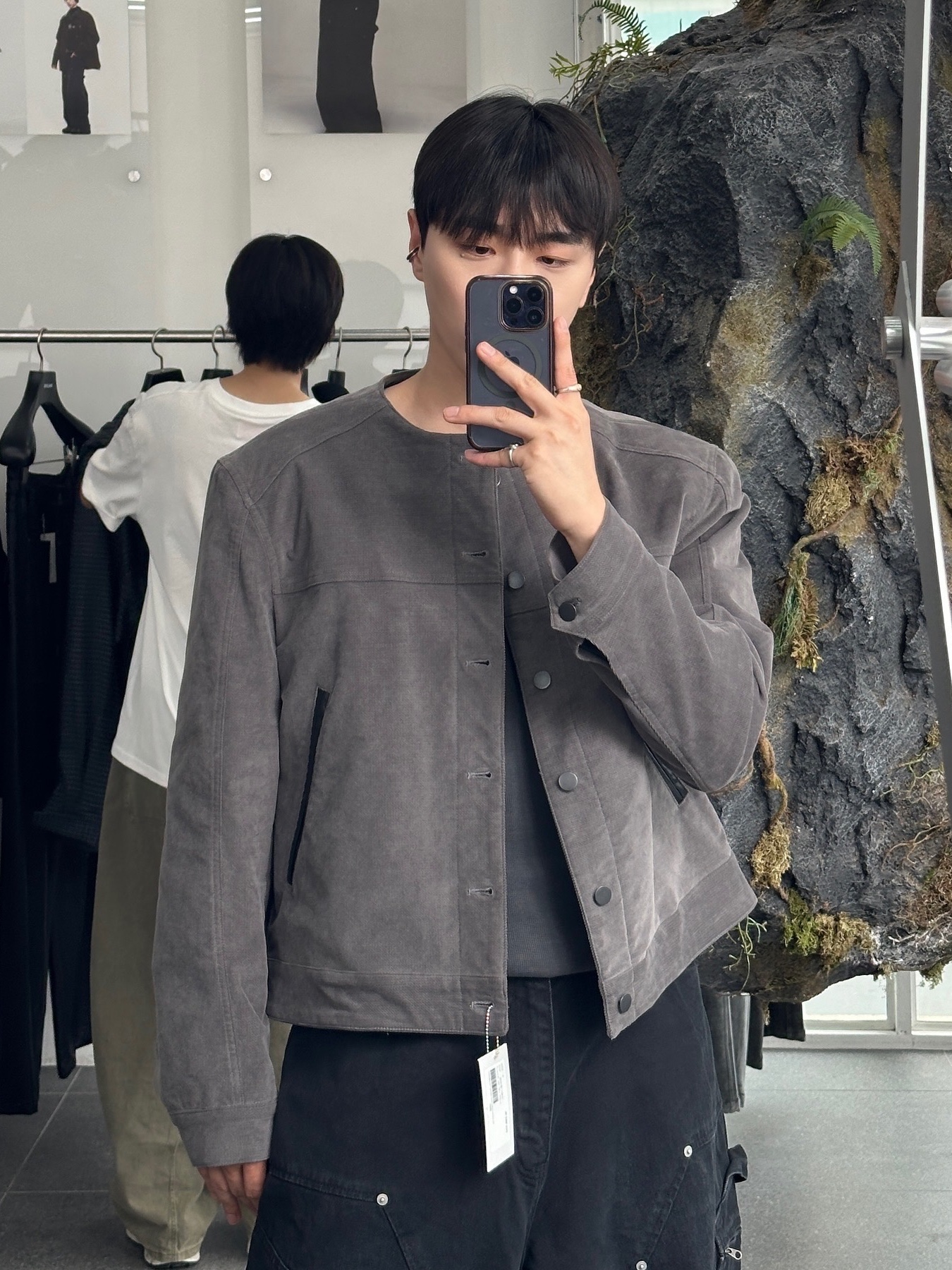 Haleine Cropped Collarless Jacket Black (VJ314), Haleine Cropped Collarless Jacket Grey (VJ315) 착용 스타일