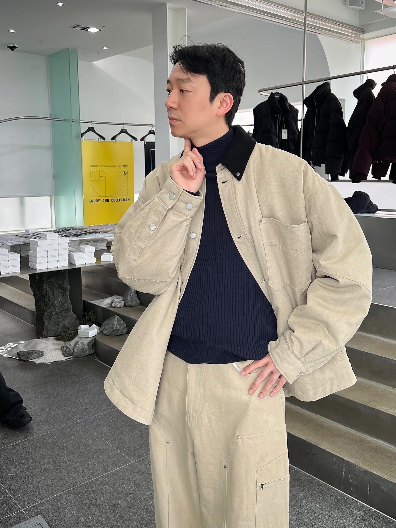 Haleine Padded Work Shirt Jacket Beige (VJ317), Haleine Padded Work Shirt Jacket Grey Check (VJ318) 착용 스타일