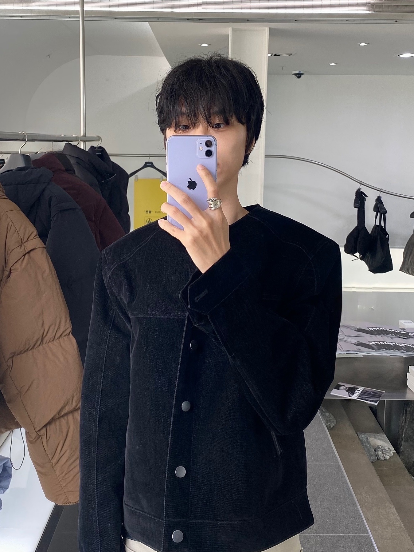 Haleine Cropped Collarless Jacket Black (VJ314), Haleine Cropped Collarless Jacket Grey (VJ315) 착용 스타일