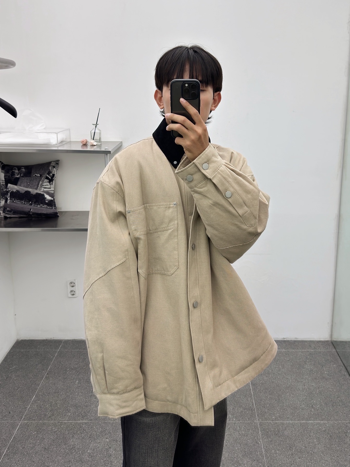 Haleine Padded Work Shirt Jacket Grey Check (VJ318), Haleine Padded Work Shirt Jacket Beige (VJ317) 착용 스타일