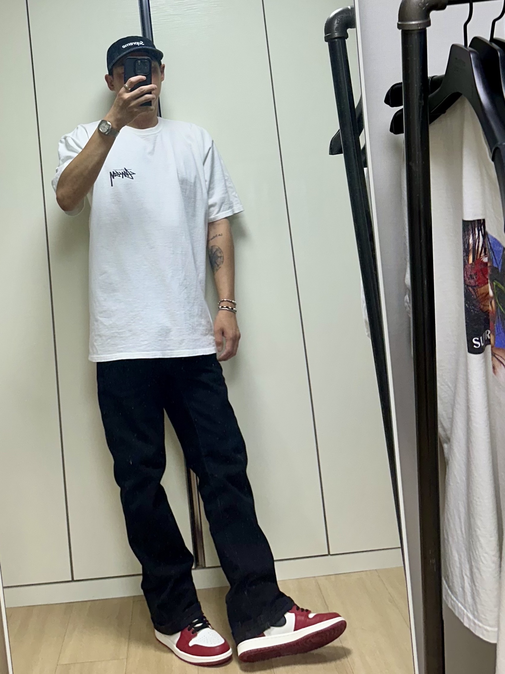 Supreme Denim Camp Cap Black - 24SS, Stussy Suits T-Shirt White 착용 스타일