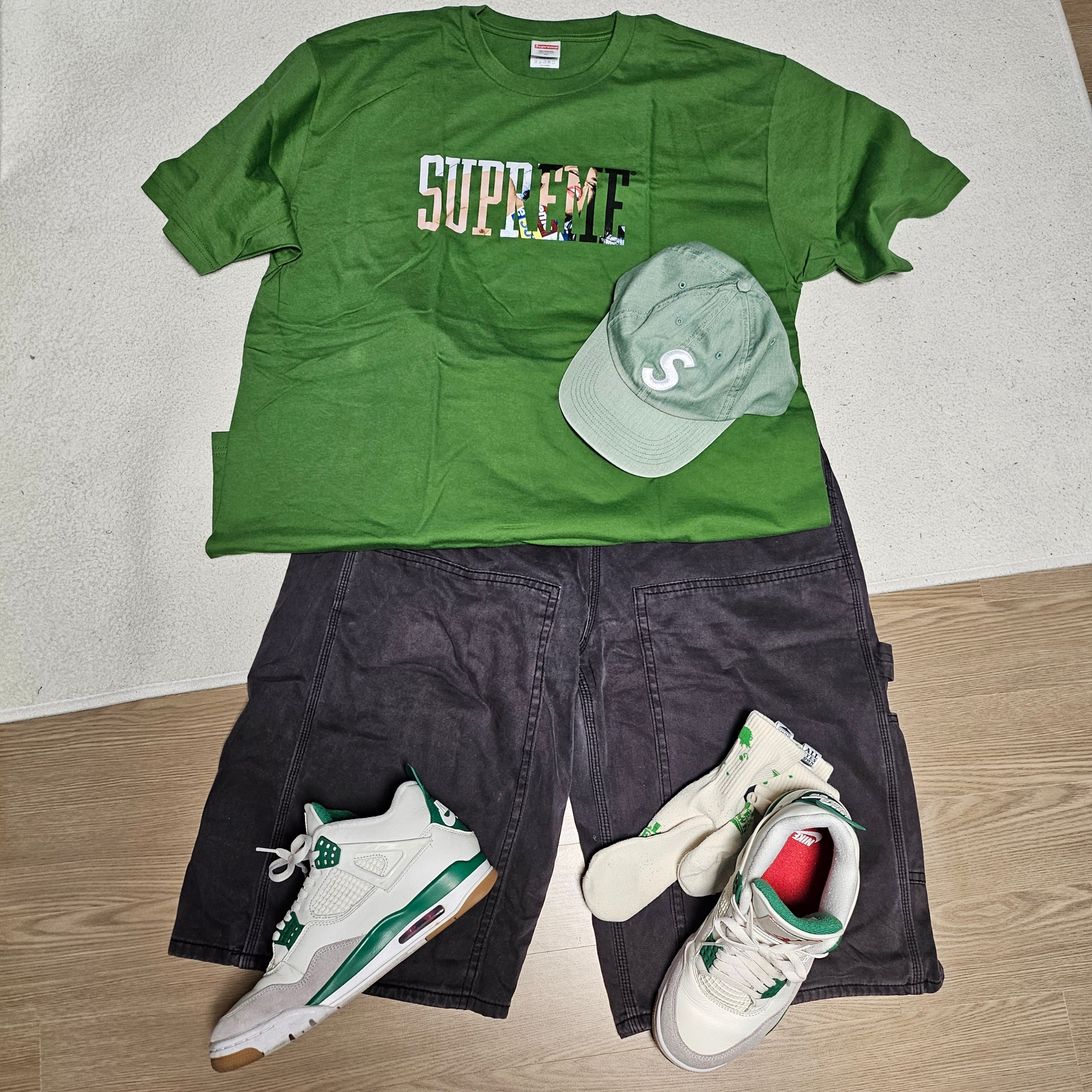 Jordan 4 x Nike SB Retro SP Pine Green, Supreme Pigment Print S Logo 6-Panel Light Sage - 22FW 착용 스타일 - 5