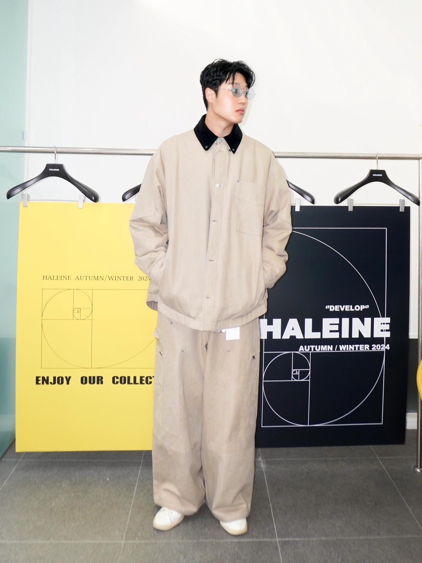 Haleine Padded Work Shirt Jacket Grey Check (VJ318), Haleine Padded Work Shirt Jacket Beige (VJ317) 착용 스타일