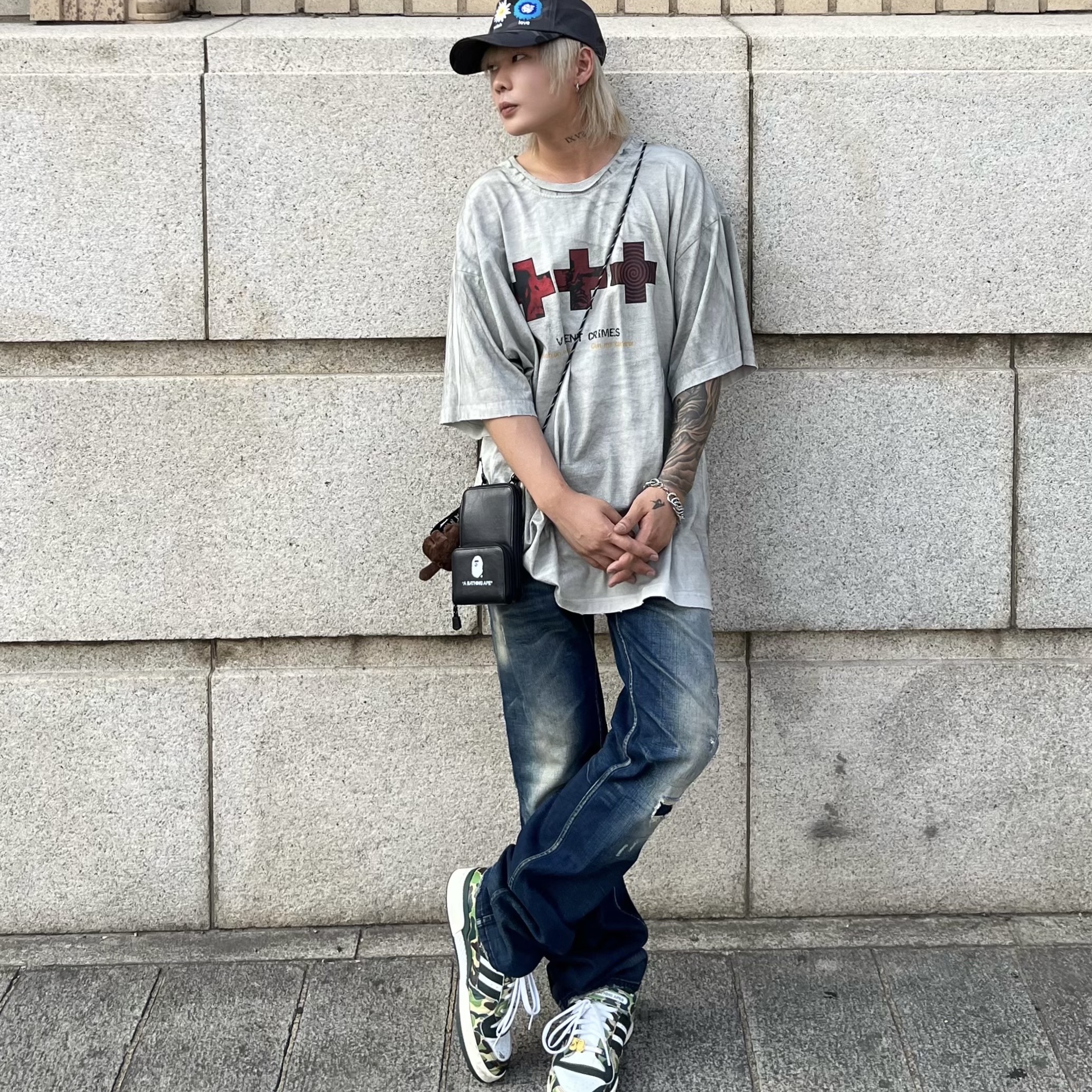 Adidas x BAPE Forum 84 Low Green Camo 착용 스타일 - 1