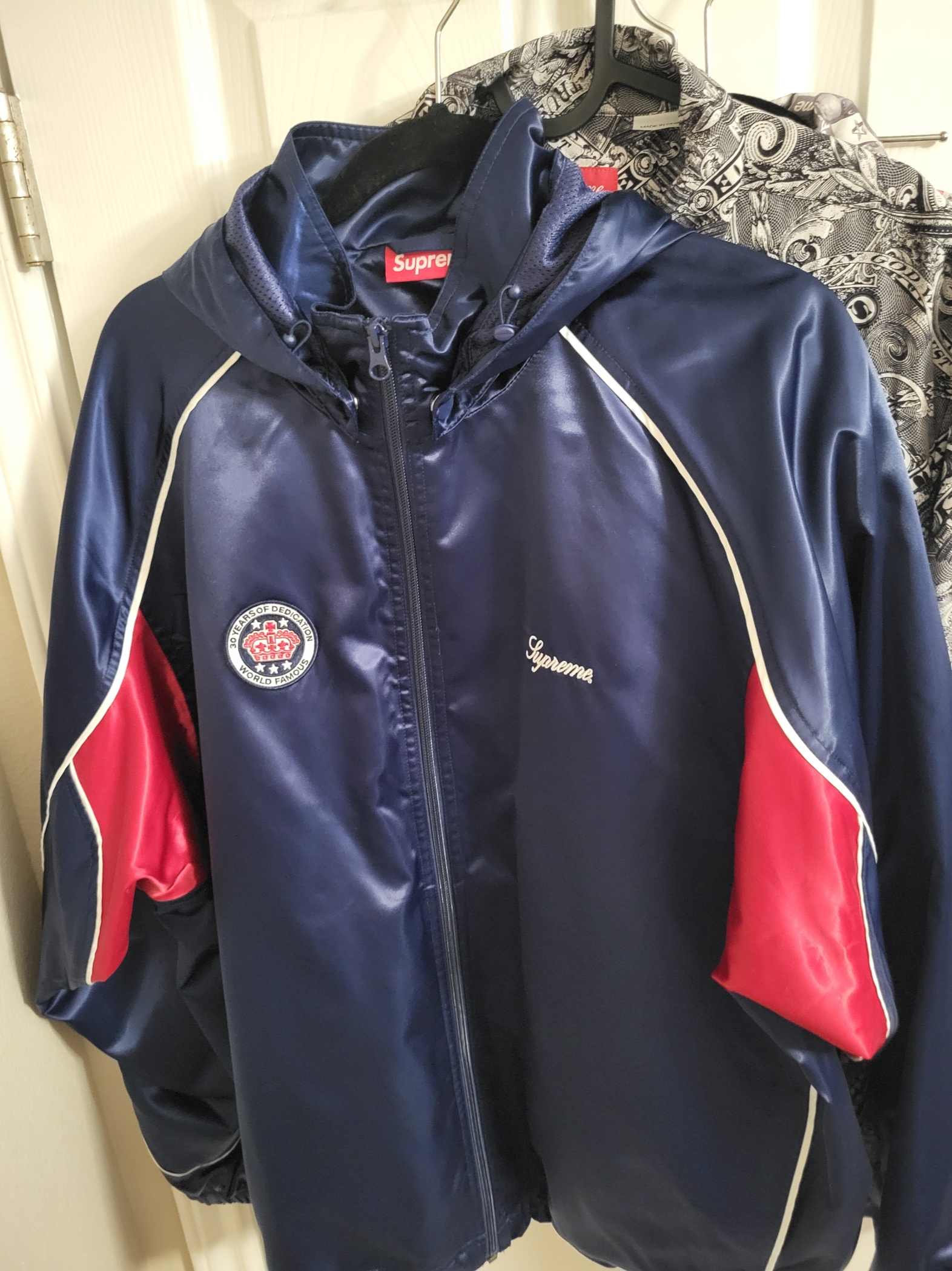 Supreme Satin Hooded Track Jacket Navy - 24SS 착용 스타일 - 1