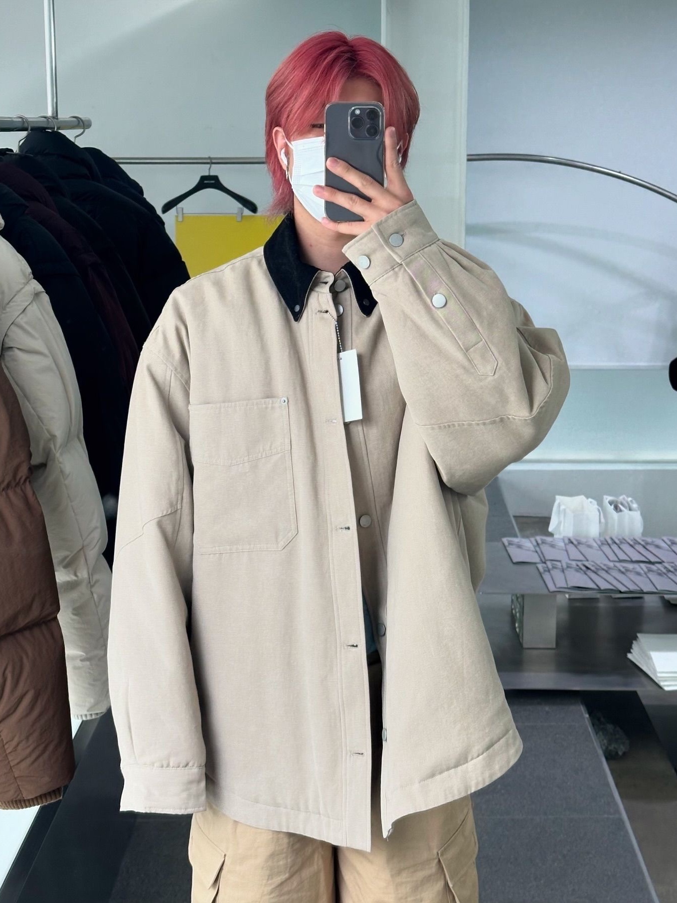 Haleine Padded Work Shirt Jacket Grey Check (VJ318), Haleine Padded Work Shirt Jacket Beige (VJ317) 착용 스타일
