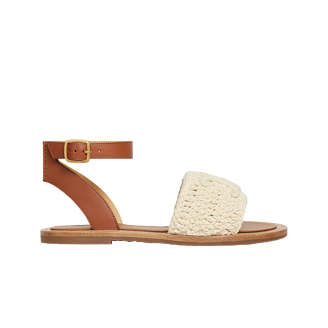 357934535C-02UL (W) Celine Lympia Sandal in Triomphe Maccrame Cotton & Calfskin Ecru Tan