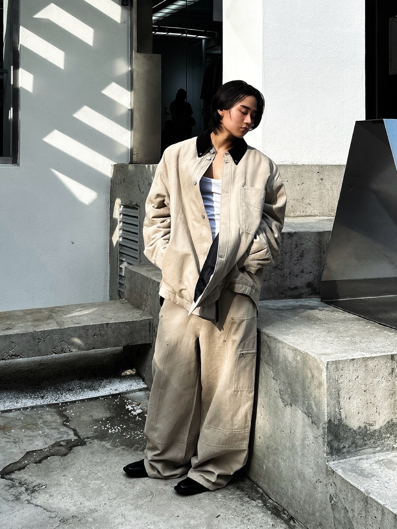 Haleine Padded Work Shirt Jacket Grey Check (VJ318), Haleine Padded Work Shirt Jacket Beige (VJ317) 착용 스타일