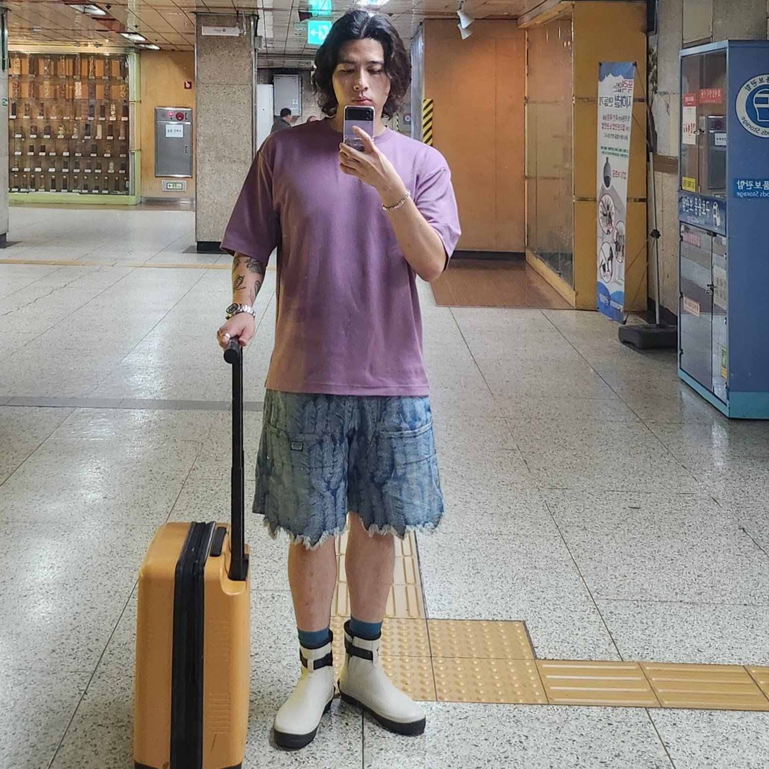 Kapital 12 oz. Magpie Denim W Knee Easy Shorts Light Indigo, Laarvee PEA001 Silver Precision Steel Green Bezel Black Dial 착용 스타일 - 2