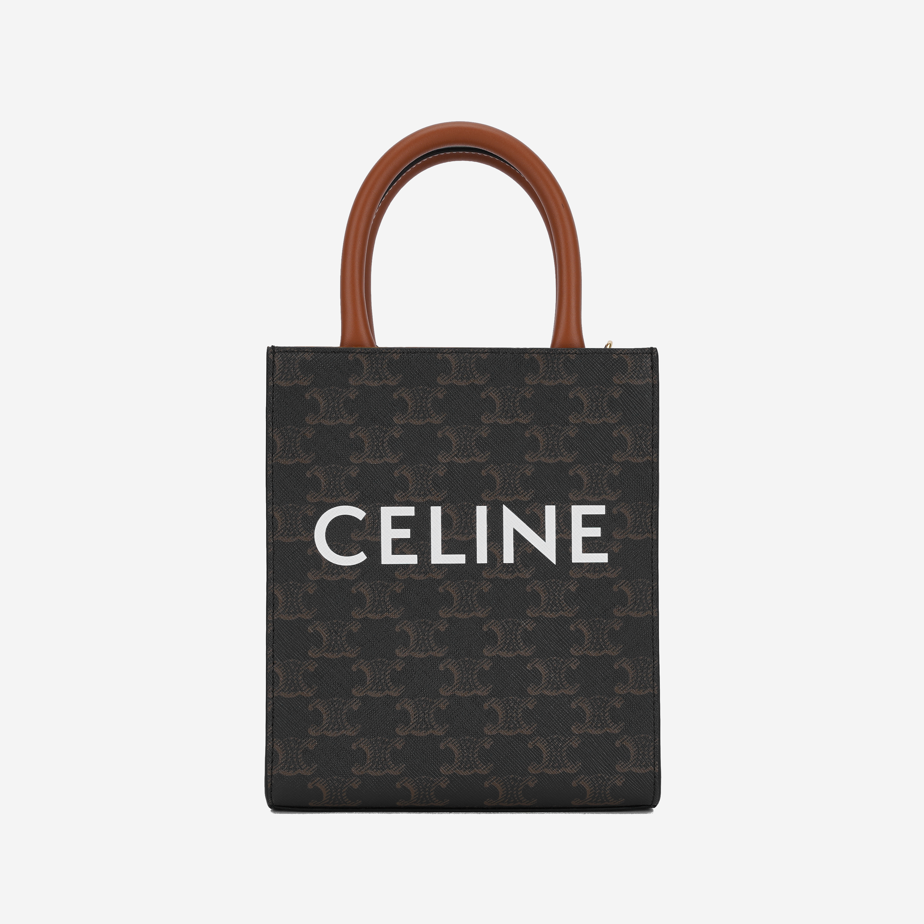 Celine Mini Vertical Cabas in Triomphe Canvas and Calfskin with Celine Print Tan