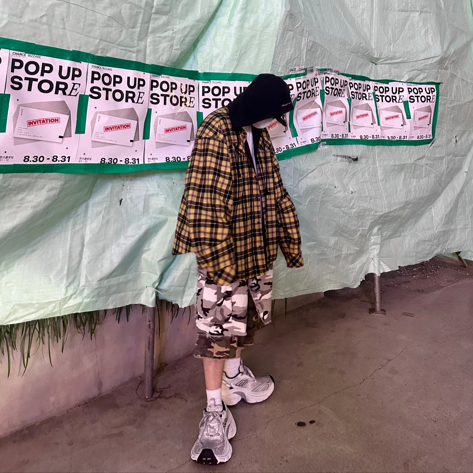 Project G/R Reversible Hoodie Check Shirts Black Yellow, Project G/R x MFM333. Layered Skirt Camo Cargo Shorts Multi Camo 착용 스타일 - 2