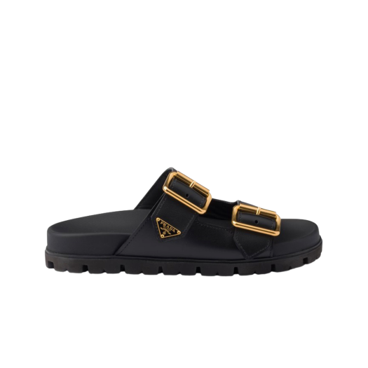 (W) Prada Leather Strap Slides Black