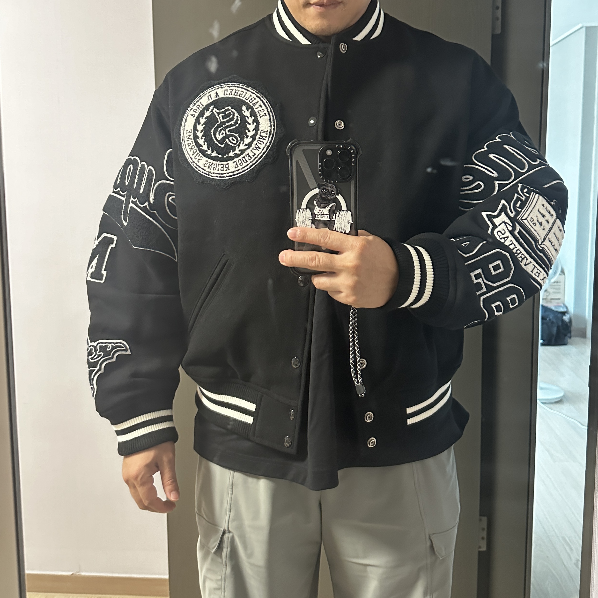 Supreme Veritas Varsity Jacket Black - 24FW 착용 스타일 - 1