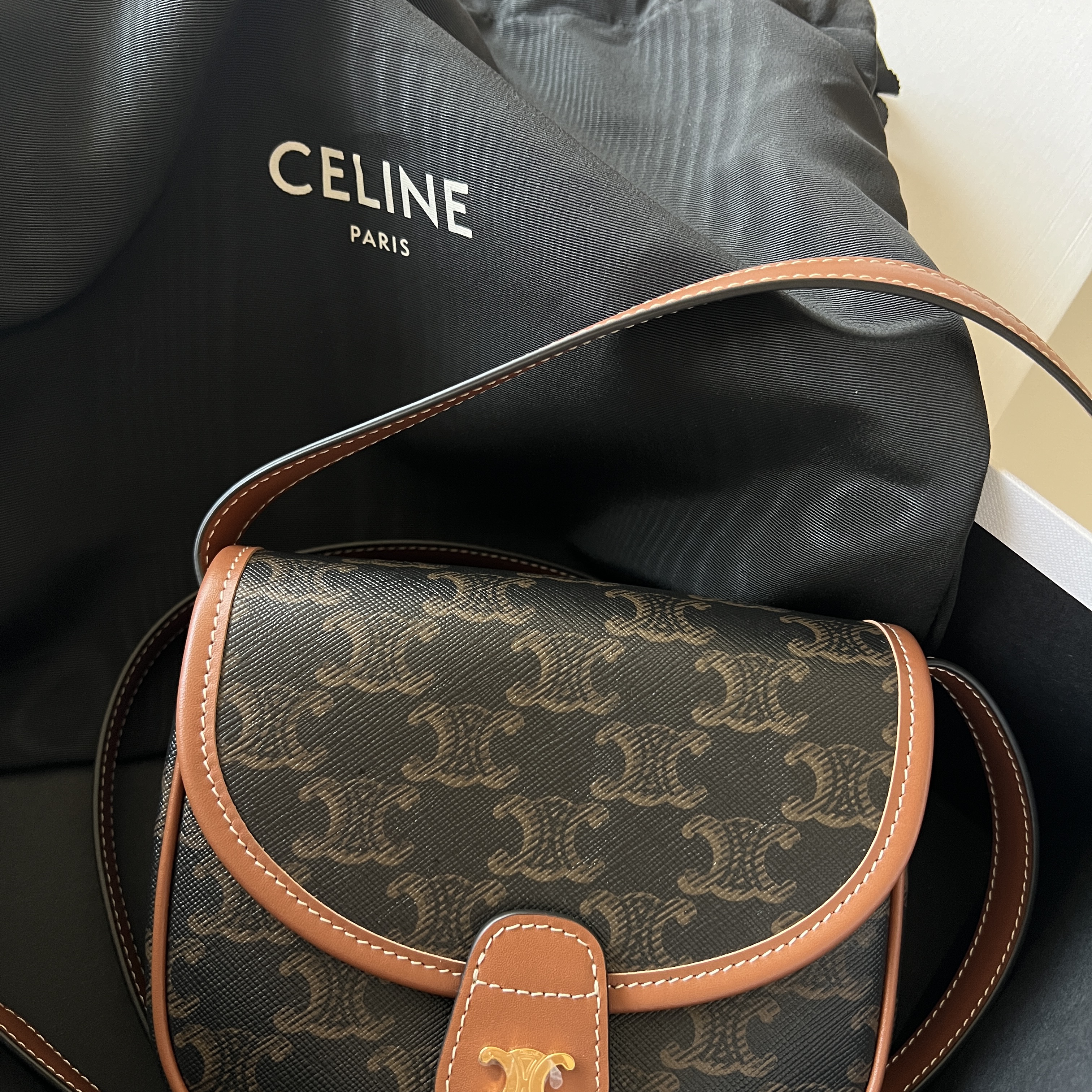Celine Mini Besace in Triomphe Canvas and Calfskin Tan 착용 스타일