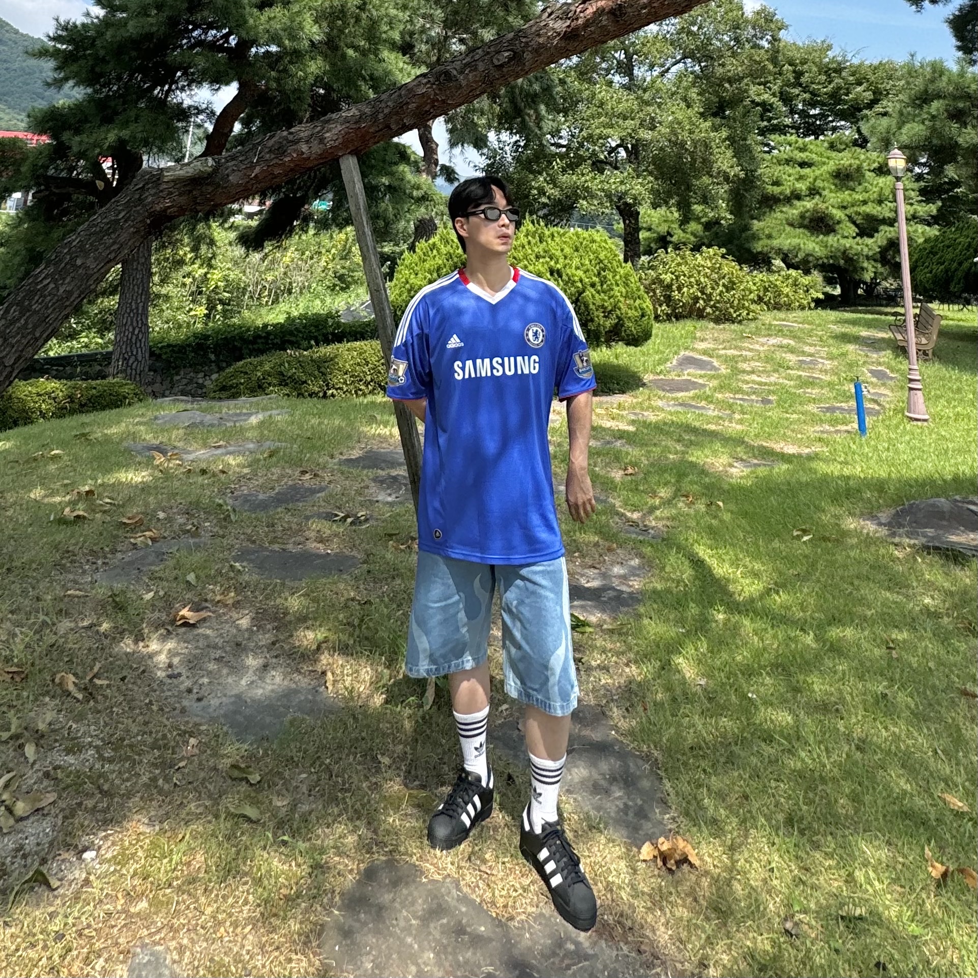 Gentle Monster Tambu 01 Black, Adidas Flames Denim Shorts Blue - KR Sizing 착용 스타일