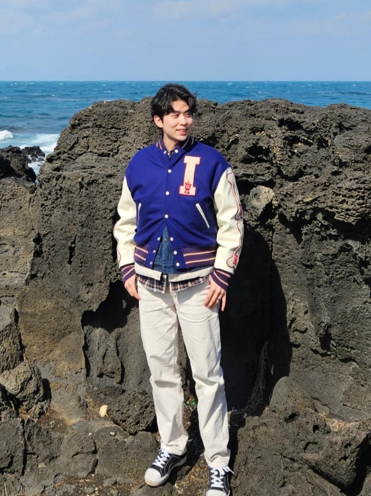 Kapital Wool I-Five Varsity Jacket Blue 착용 스타일 - 2