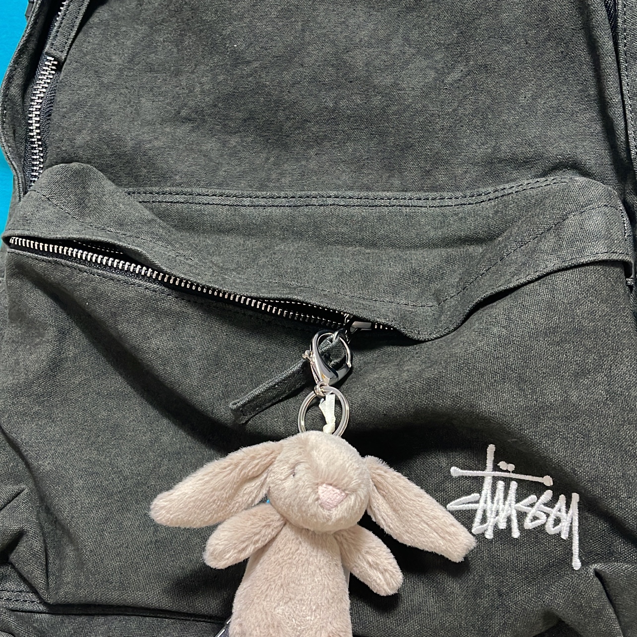 Stussy Canvas Backpack Washed Black, Jellycat Bashful Bunny Bag Charm Beige 착용 스타일