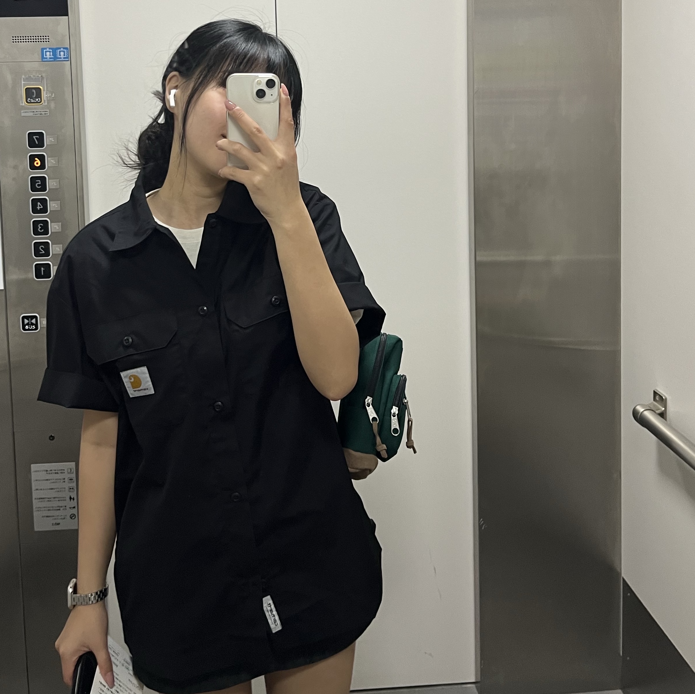 (W) Carhartt WIP Craft Short Sleeve Shirt Black, Jansport Right Pack Mini Deep Juniper 착용 스타일 - 2