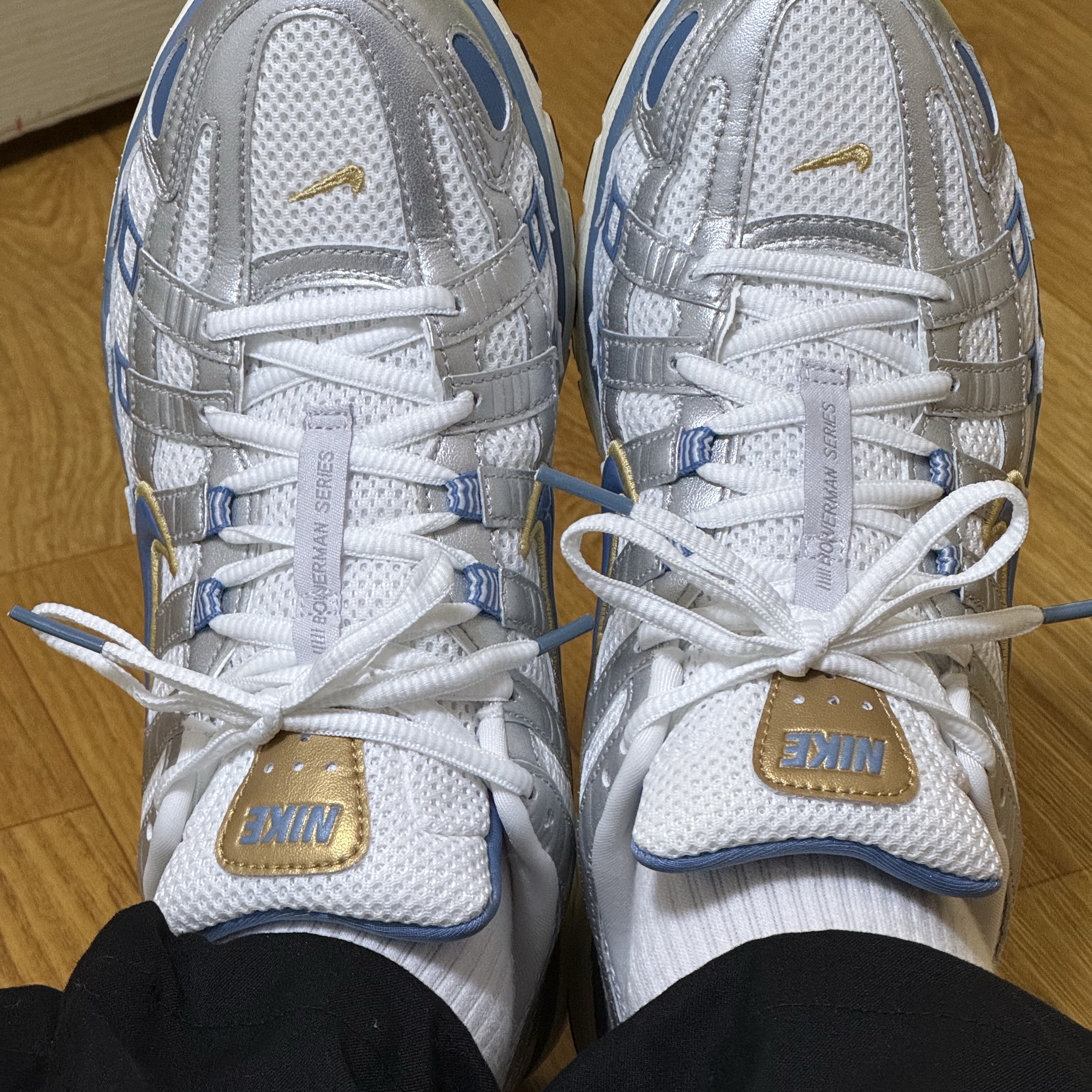 Nike P-6000 White Metallic Silve Pale Ivory Aegean Storm 착용 스타일