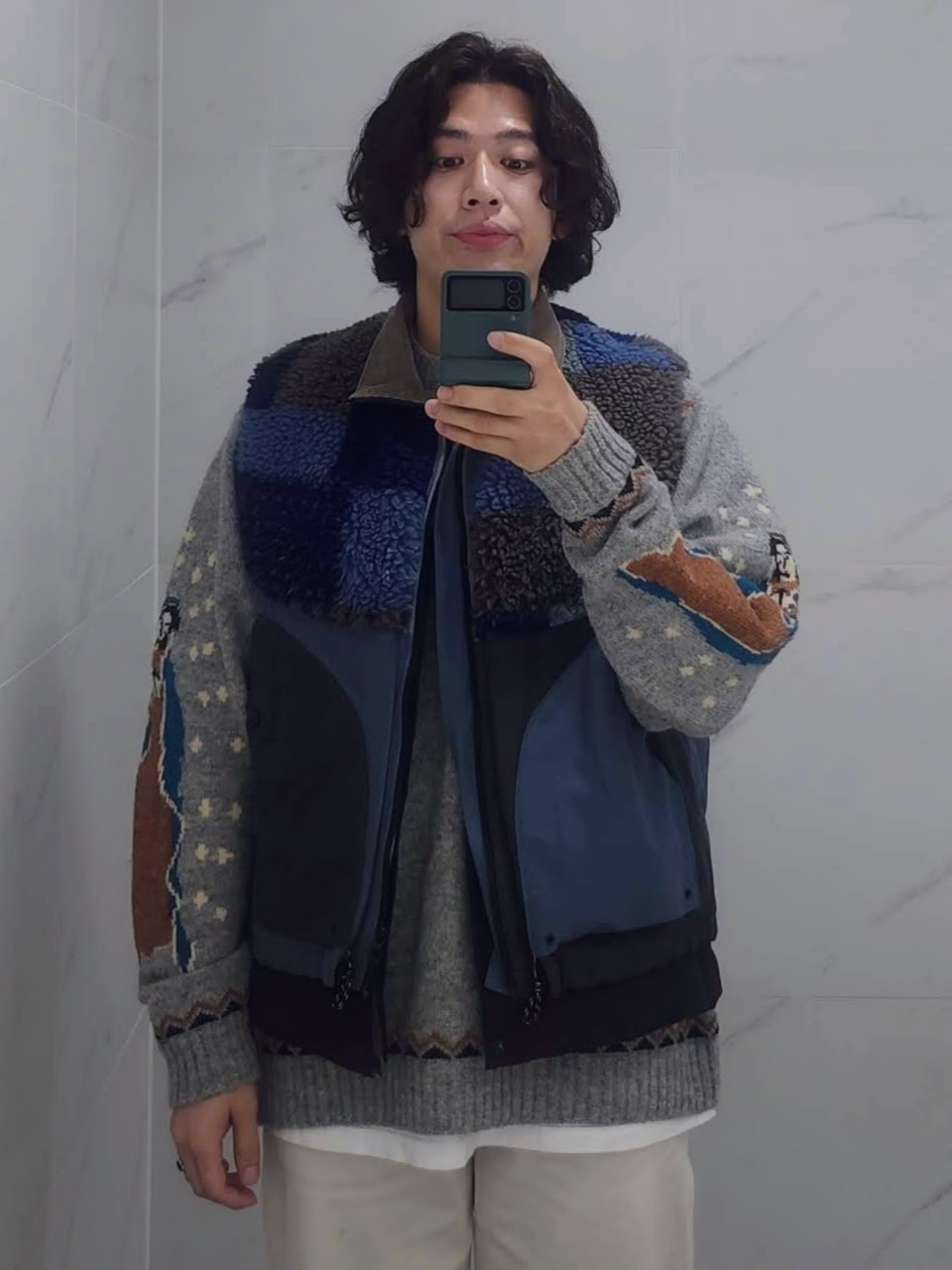 Kapital 5G Wool Elbow Virgin Mary Nordic Sweater Grey, Kapital 60/40 Cross X Tugihagi Fleece Hutte Vest Navy 착용 스타일