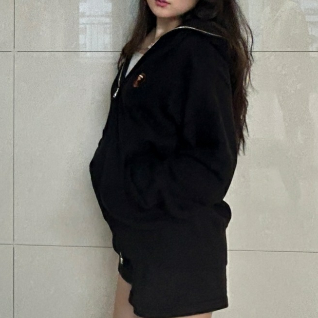 BAPE A Bathing Ape One Point Full Zip Hoodie Black 착용 스타일 - 2