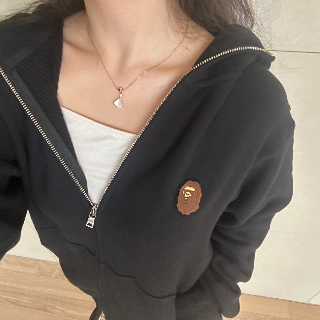 BAPE A Bathing Ape One Point Full Zip Hoodie Black 착용 스타일 - 1