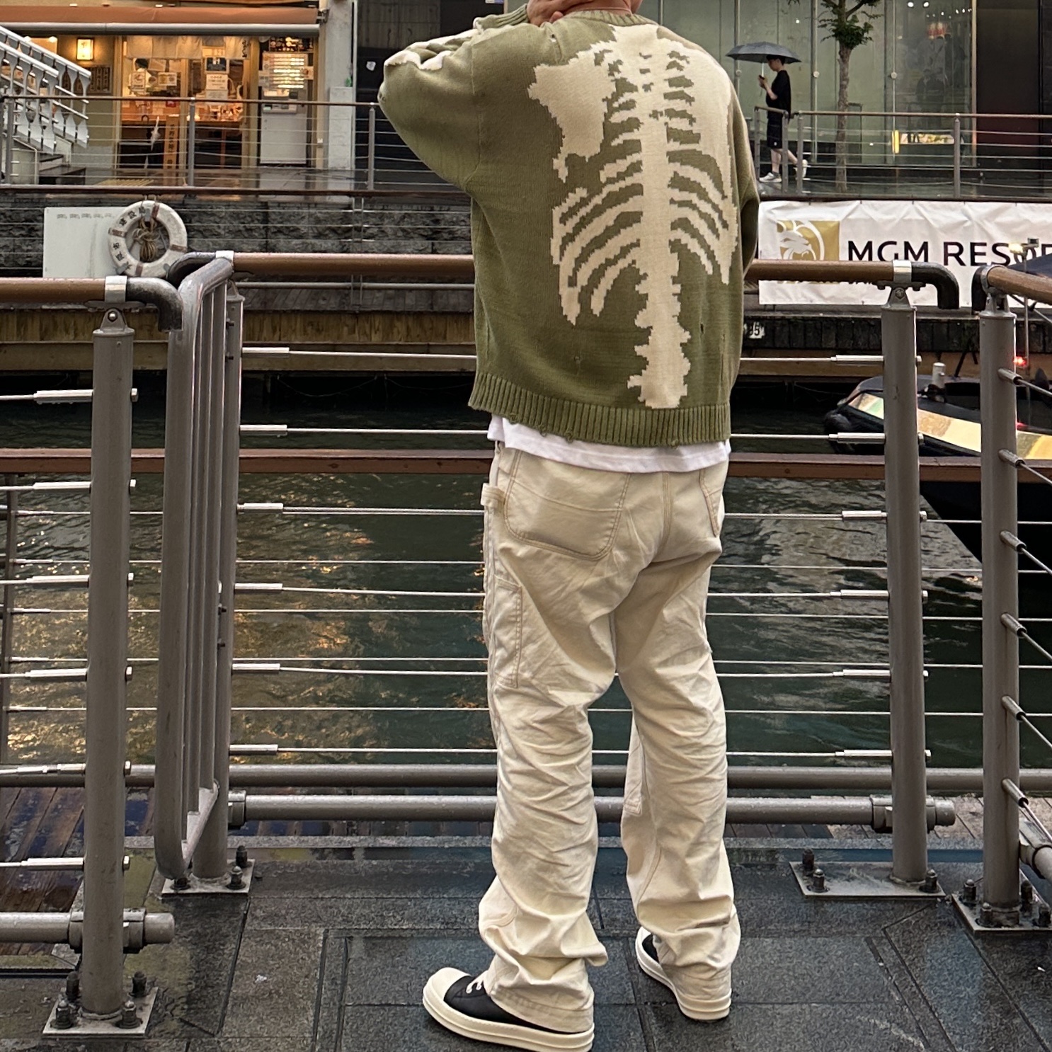 Kapital 5G Cotton Knit Bone Crewneck Sweater Khaki, Kapital Thin Canvas Lumbar Pants Kinari 착용 스타일 - 3