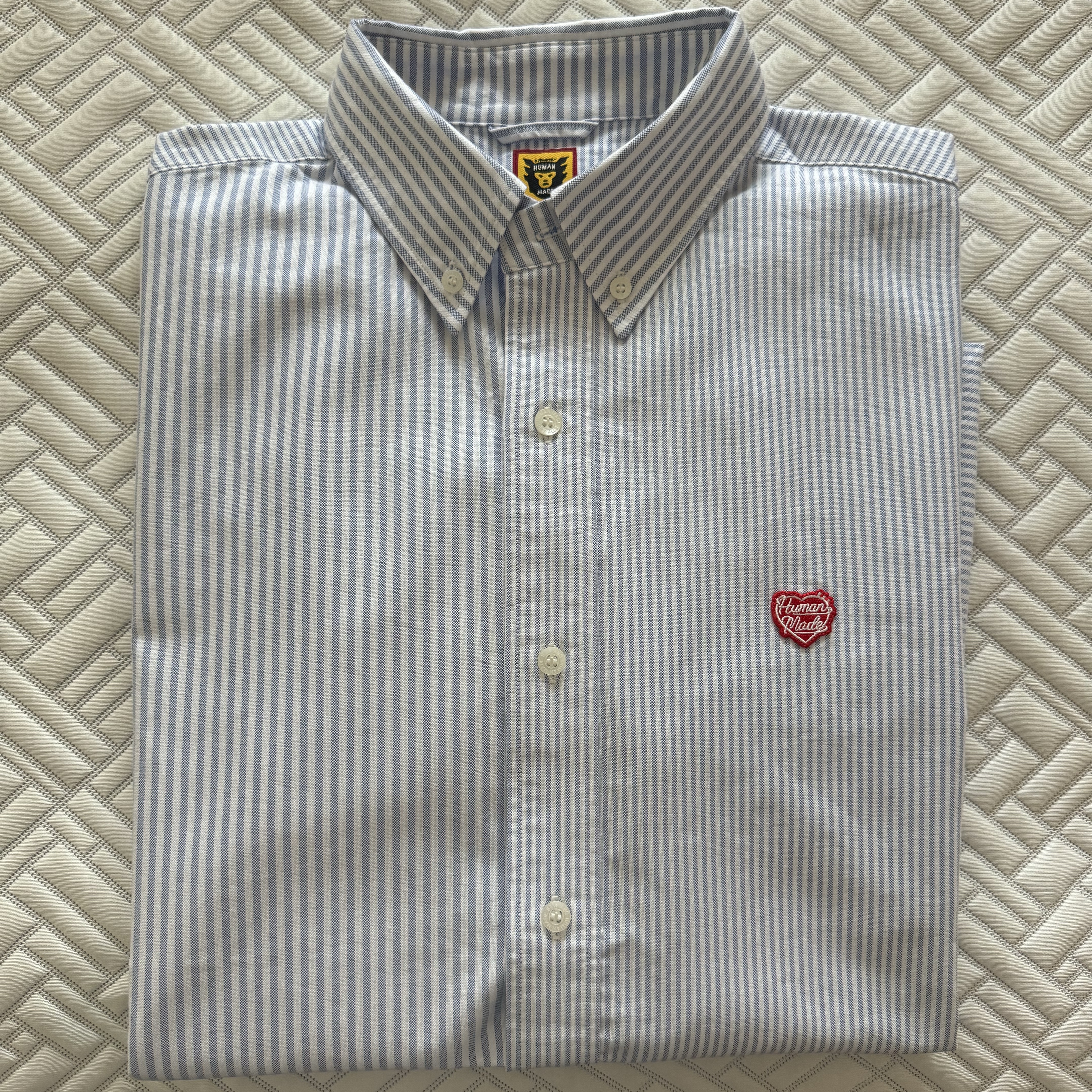Human Made Stripe Oxford BD Shirt Blue 착용 스타일
