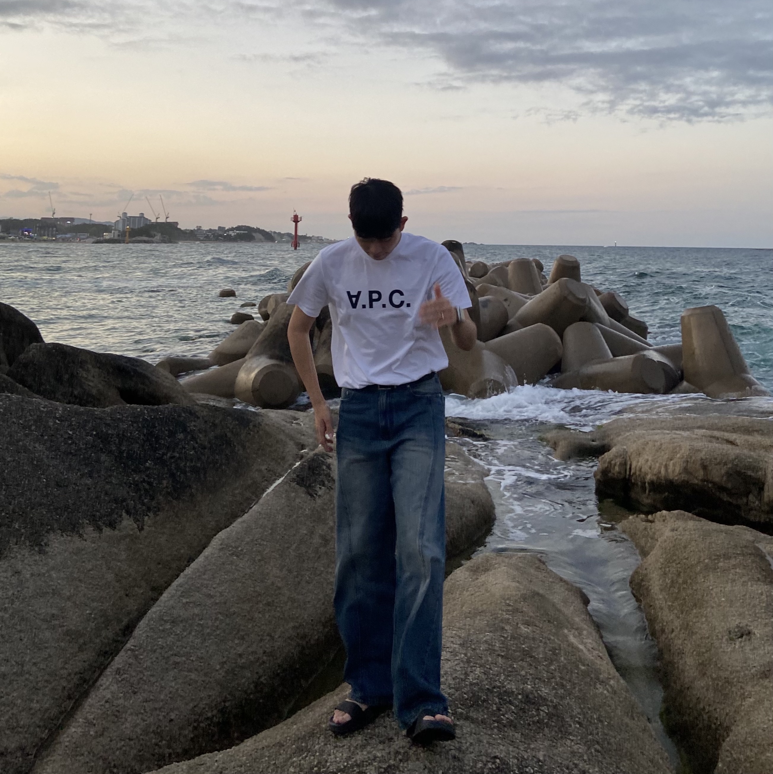 A.P.C. VPC T-Shirt White Dark Navy 착용 스타일 - 2