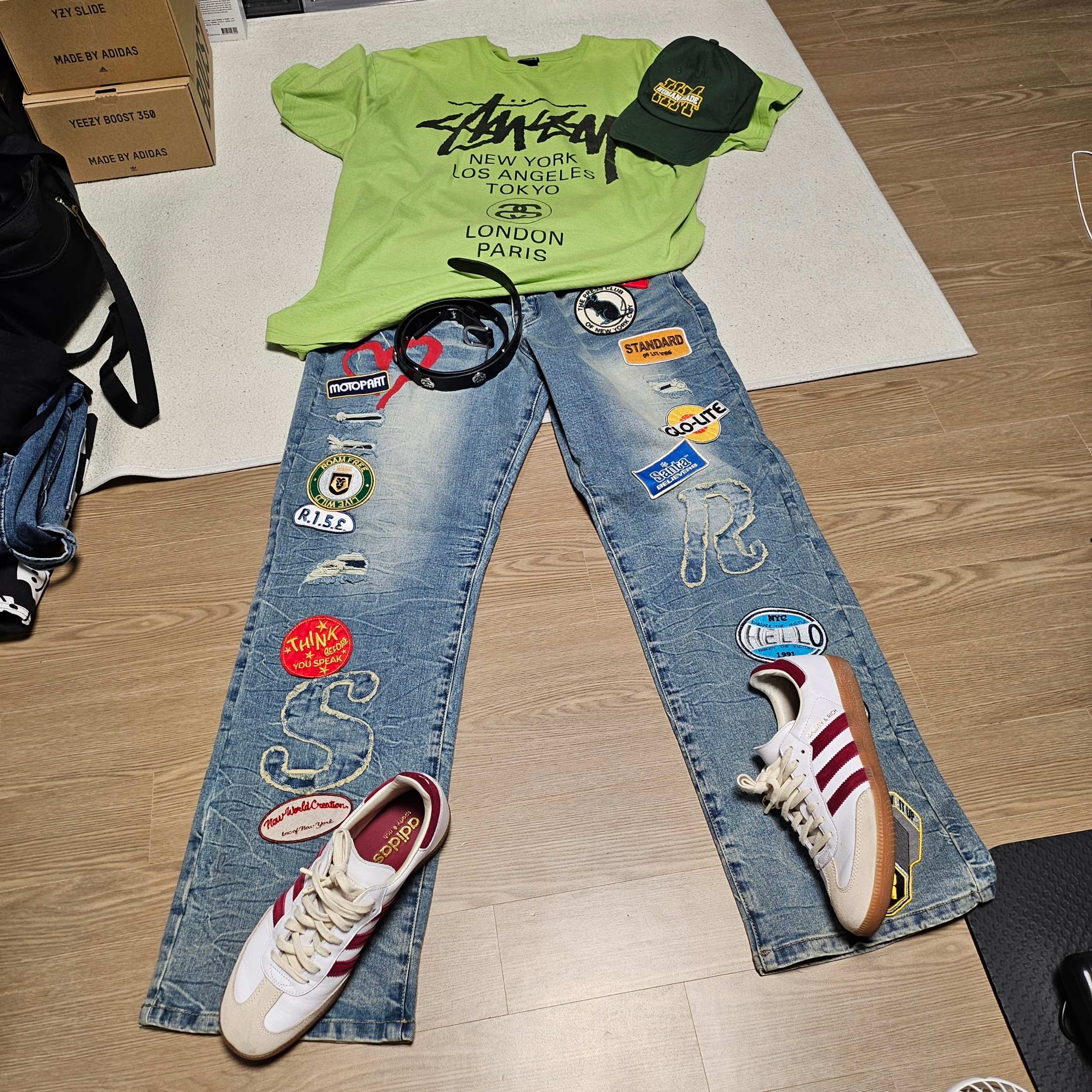 Stussy SS Link Studded Belt Black, Human Made 5-Panel Twill Cap #1 Green 착용 스타일