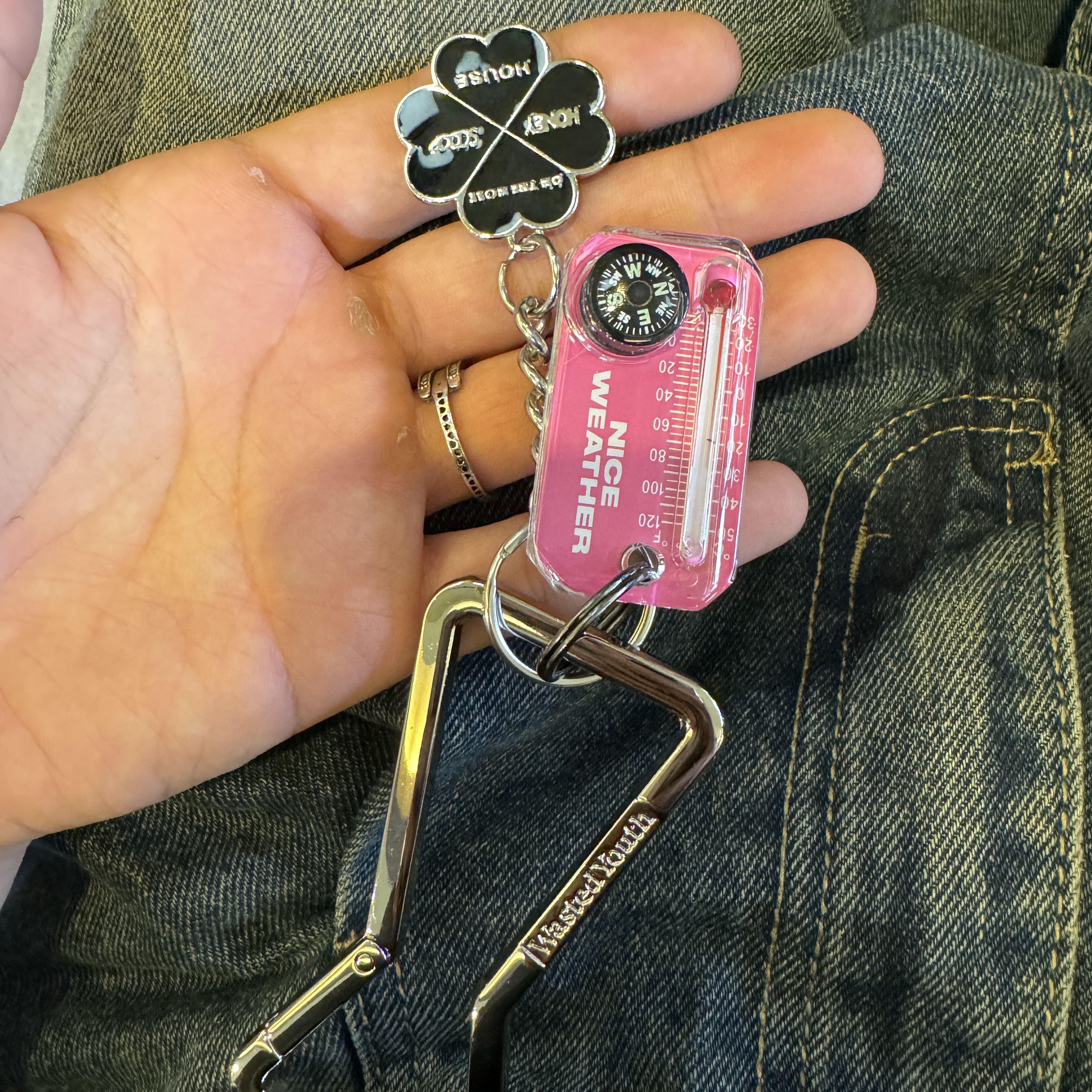 Nice Weather Thermometer Keyring Pink, Honey Scoop House Clover Keyring Black 착용 스타일