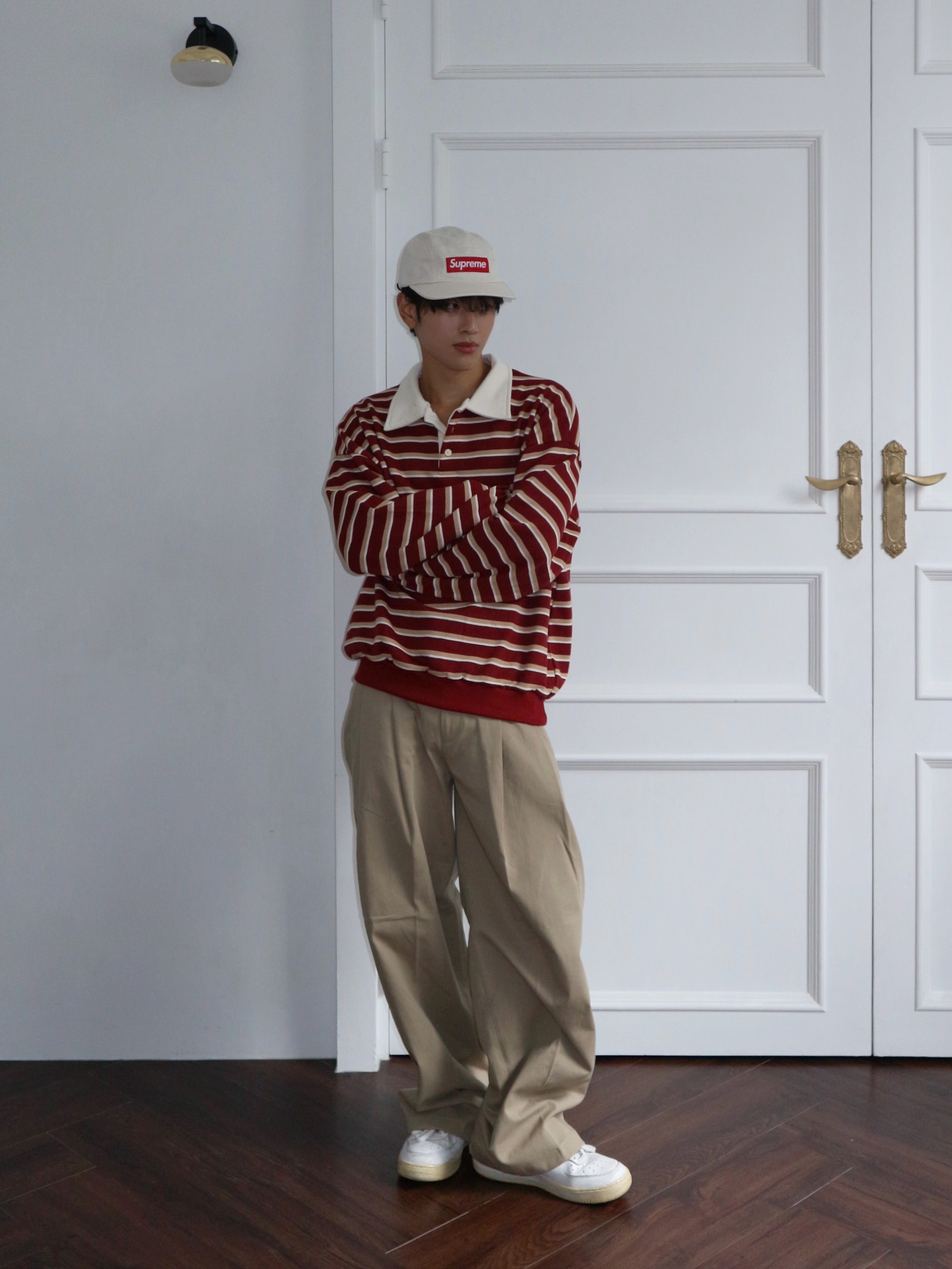 Supreme Washed Chino Twill Camp Cap Natural - 24SS, Nike Air Force 1 '07 Low White 착용 스타일 - 2