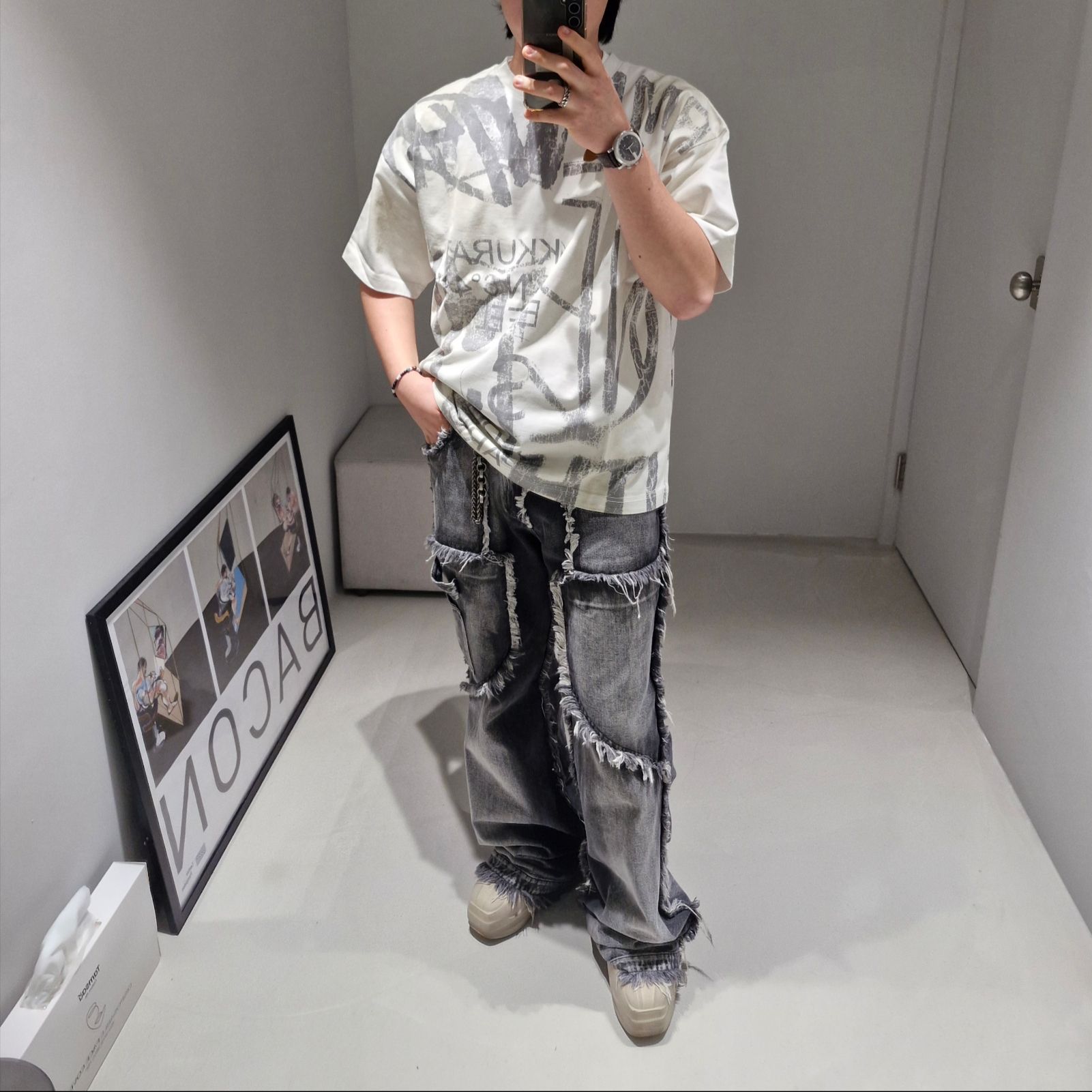 No/Faith Studios Flared Denim 004 Painter, 1017 Alyx 9SM Mono Boot Black 착용 스타일
