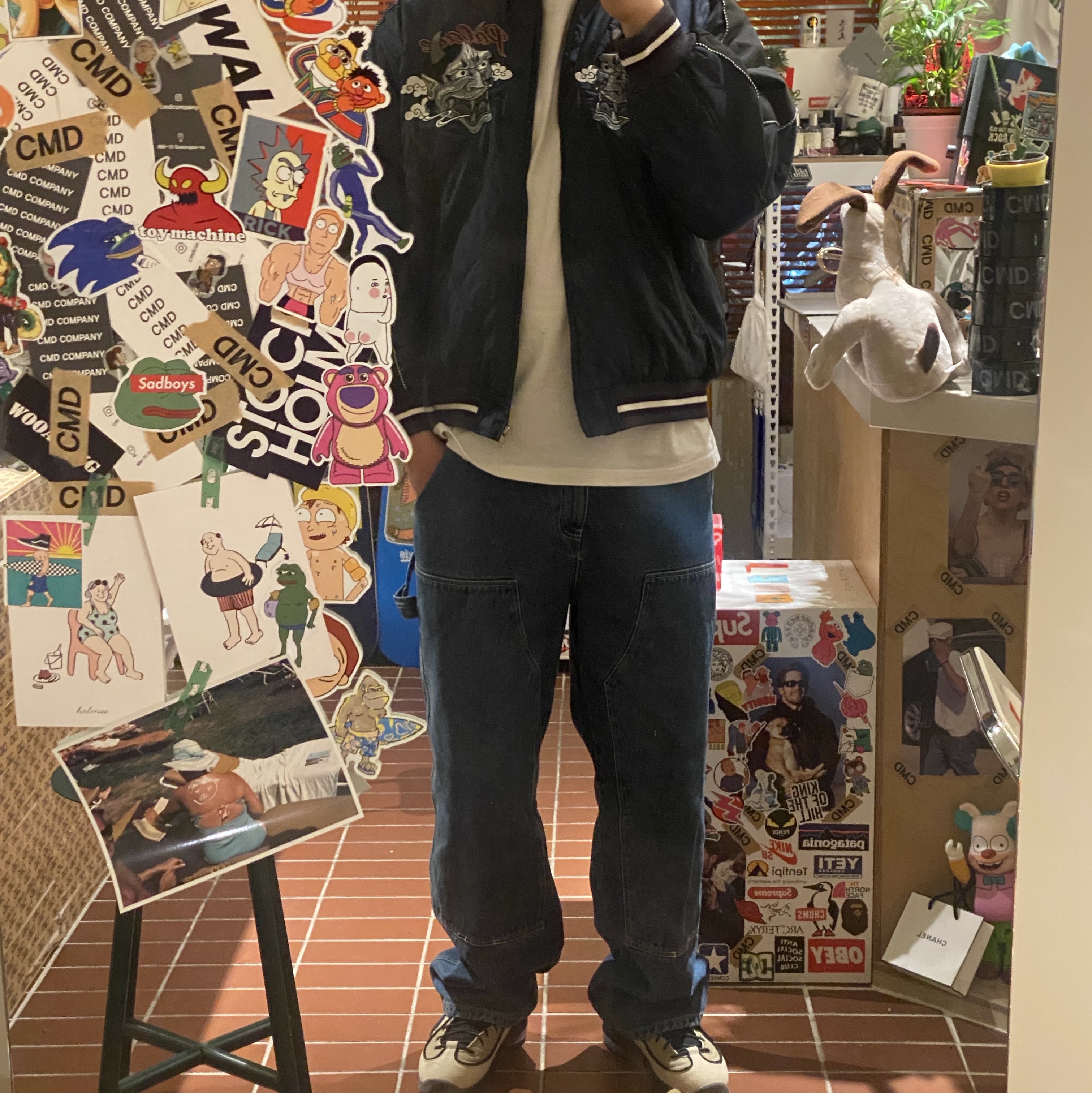 Palace Festival Bomber Jacket Black - 23FW, Stussy Denim Work Pants Blue 착용 스타일