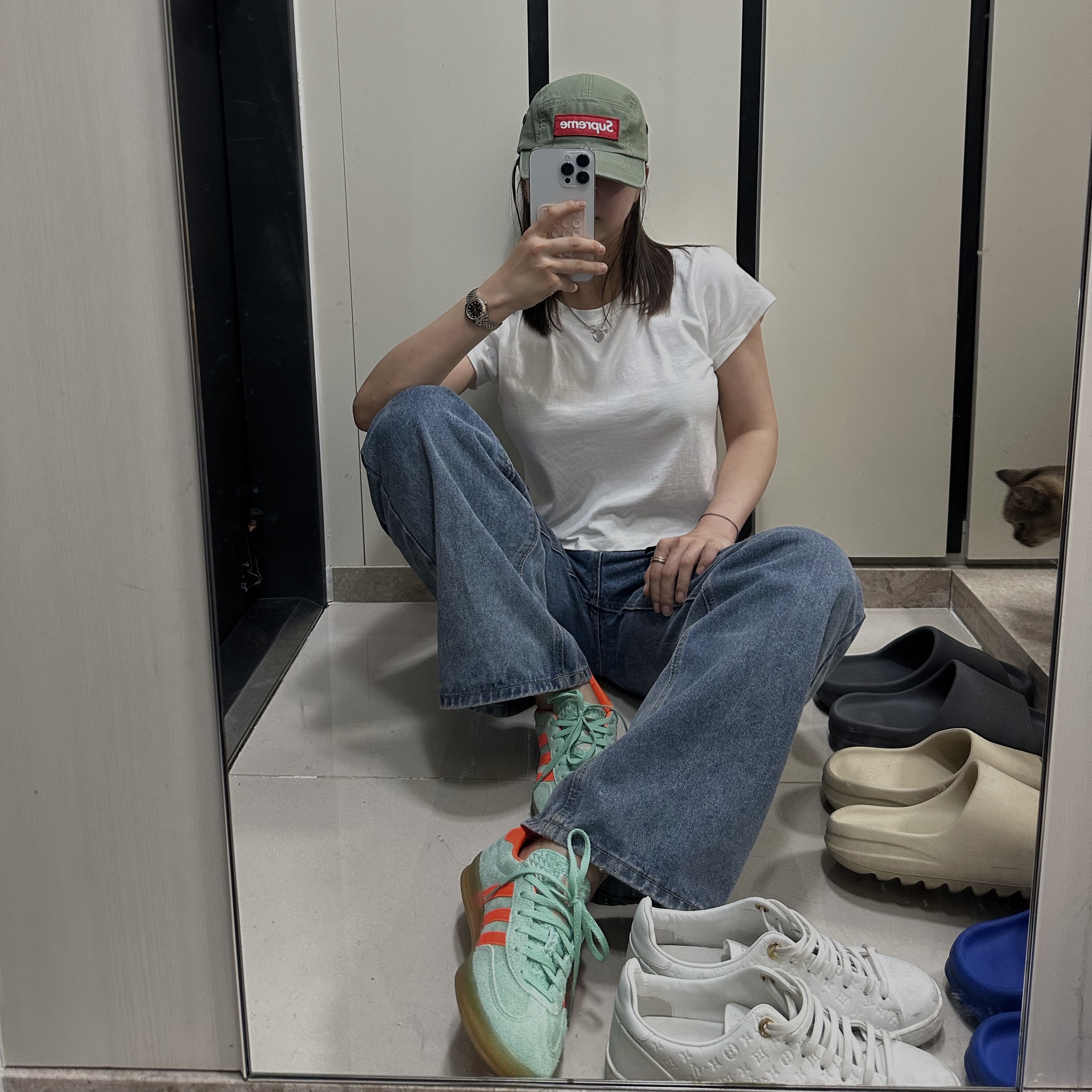 (W) Adidas Gazelle Indoor Pulse Mint Solar Orange, Supreme Military Camp Cap Olive - 24SS 착용 스타일 - 1